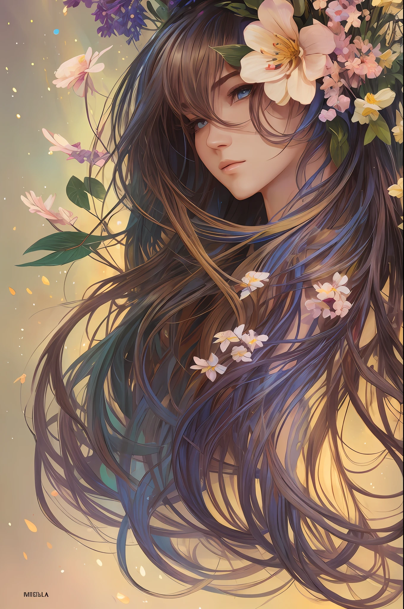 • FEMME, Mirela Anton art Style, artistic, Soft color palette, windblown flowers, Sparkle, magical photography, Soft smooth lighting, Light background, realistic photo, super detailed, 4k, High resolution, super fine sharp, High quality, Unique, with no text, watermark, poorly drawn hands, poorly drawn feet, poorly drawn face, out of frame, mutation, mutated, extra limbs, extra legs, grainy, extra arms, disfigured, deformed, cross-eye, body out of frame, blurry, blurred, bad art, bad anatomy, Poorly drawn, Long neck, Long face, Long body, Double head, Beautiful colors, 3d rendered, Alphonse Mucha, Ross Tran, stanley artgerm lau --auto --s2
