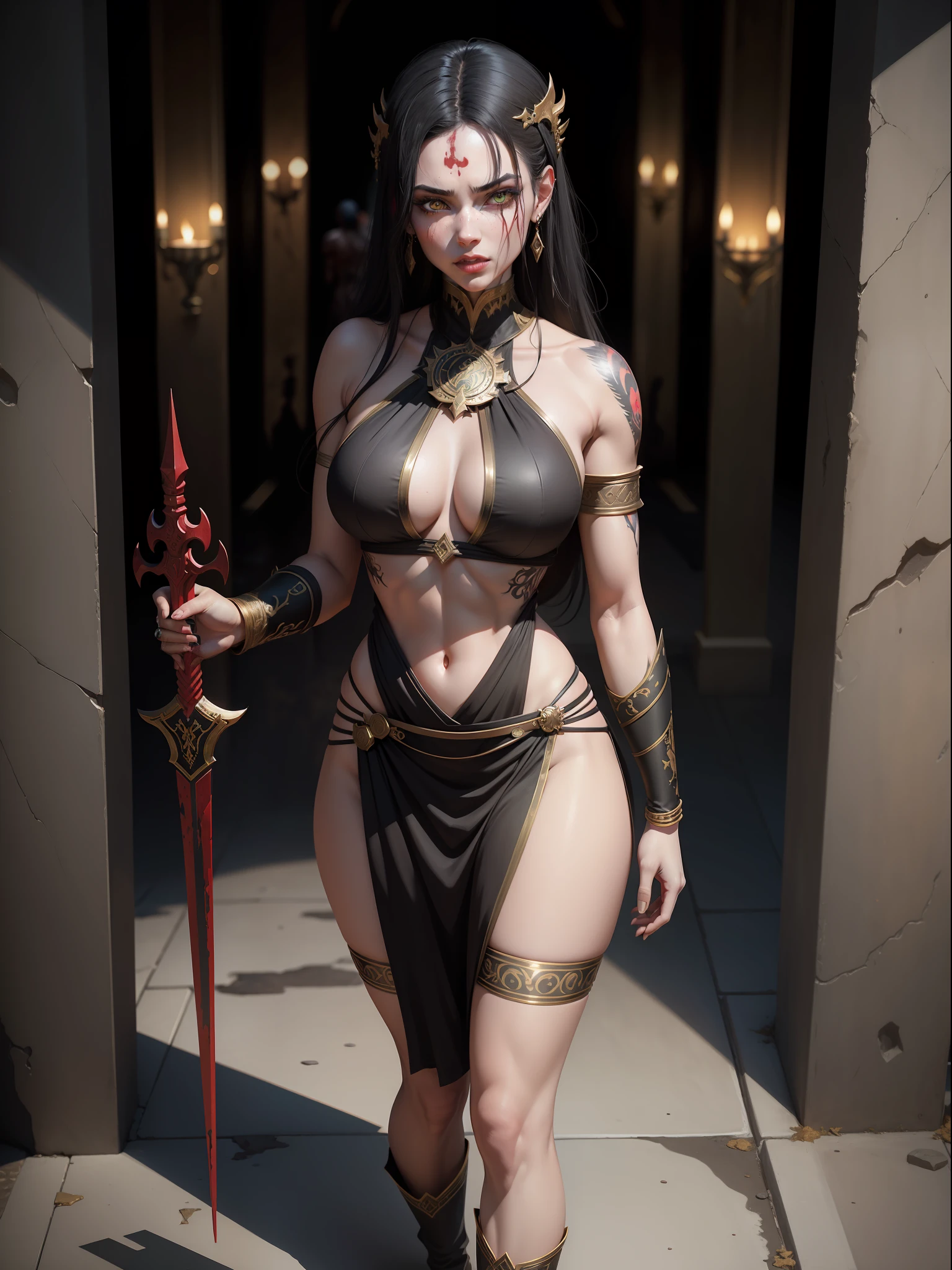 Full body photo, feet on the ground, view facing viewer, {{Laura/woman, big breasts, black+part gold+parts red/Spartan warrior costume/extremely short and tight on body, very white and pale skin, lots of tattoos on body and face, devilish smile}}, looking at the viewer with angry eyes, macabre marble temple background with blood stains on the walls. {{She has black hair, green eyes, Spartan weapons}}. God of War, high detail, anime, 16k, UHD, retina, retina, ccurate, anatomically correct, textured skin, super detail, high quality, award winning