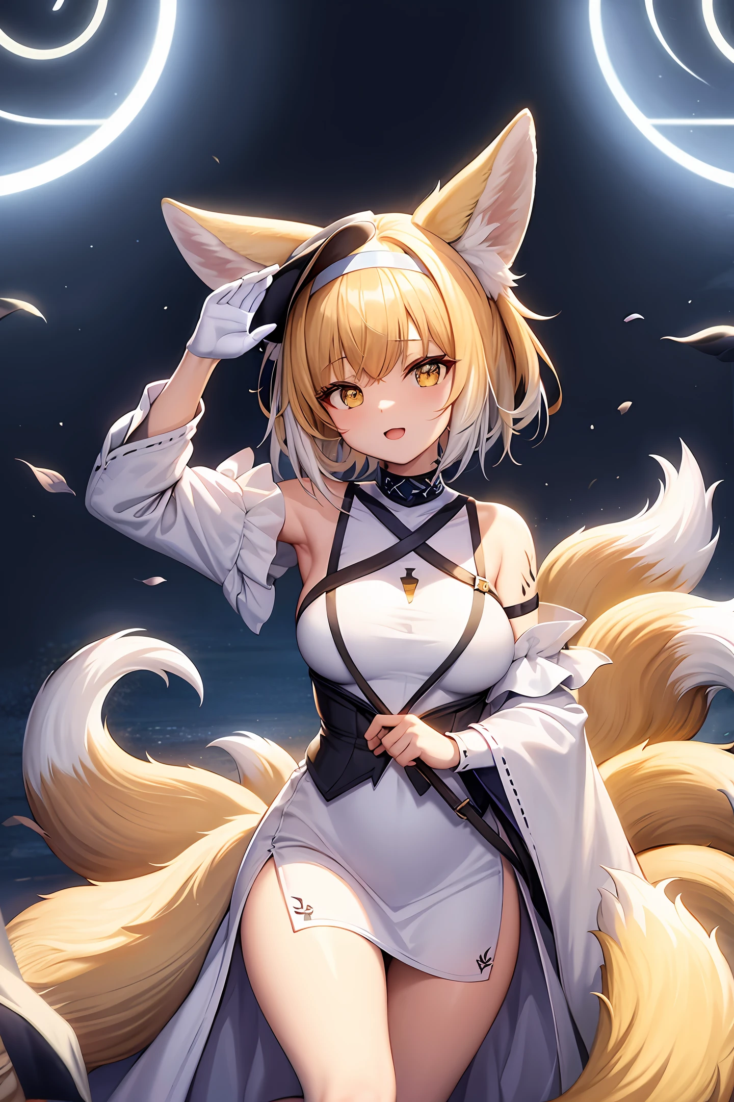 mksks style, detailed background, masterpiece, best quality, yakumo ran, white dress, yellow eyes, tail, frills, slit pupils, tabard, fox tail, large breasts, dress, hat, short hair, white headwear, blonde hair, animal ears, long sleeves, multiple tails, wide sleeves, fox ears, salute