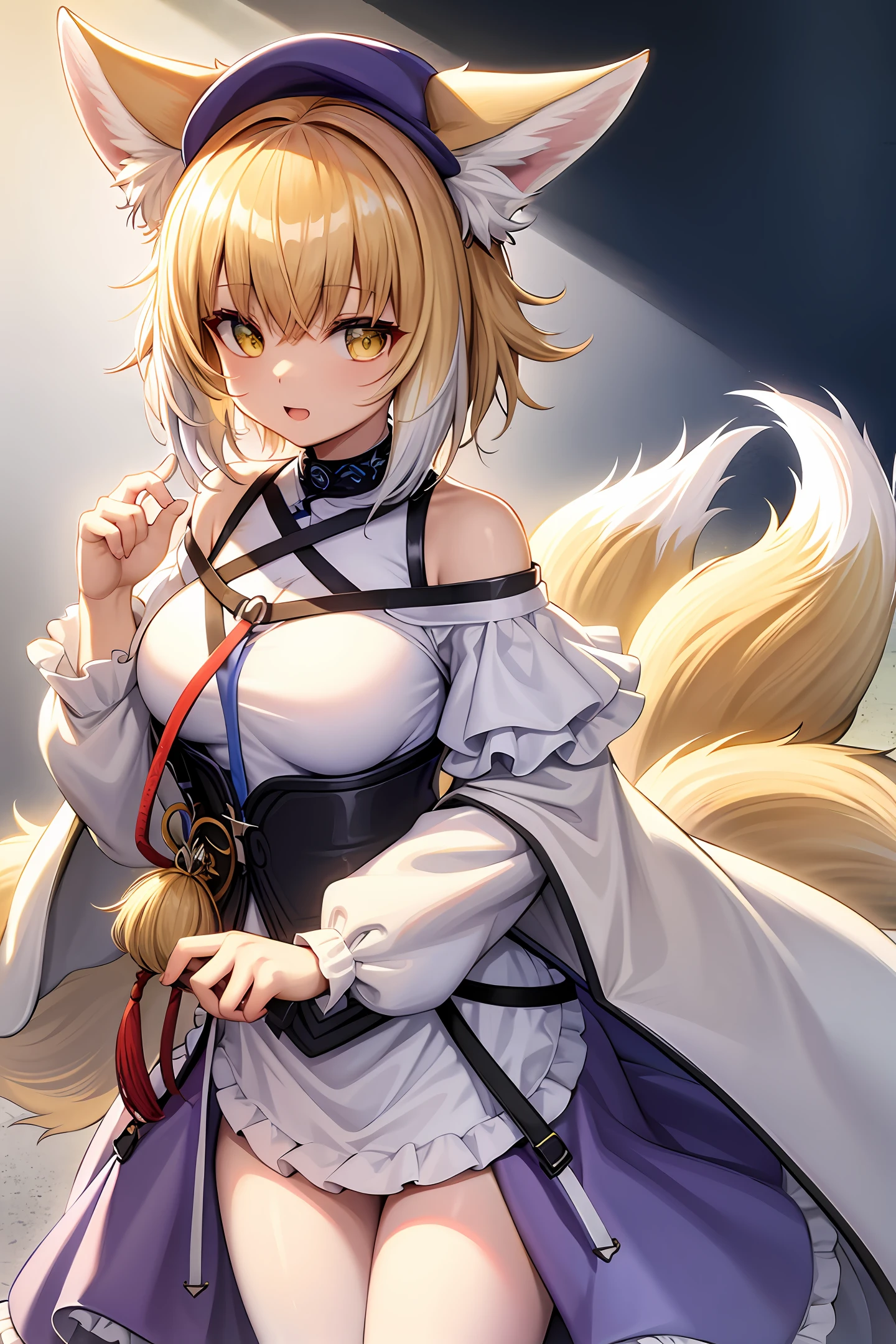 mksks style, detailed background, masterpiece, best quality, yakumo ran, white dress, yellow eyes, tail, frills, slit pupils, tabard, fox tail, large breasts, dress, hat, short hair, white headwear, blonde hair, animal ears, long sleeves, multiple tails, wide sleeves, fox ears, salute