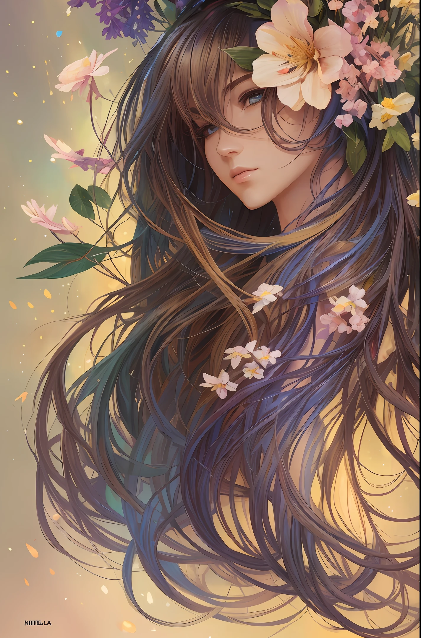 • FEMME, Mirela Anton art Style, artistic, Soft color palette, windblown flowers, Sparkle, magical photography, Soft smooth lighting, Light background, realistic photo, super detailed, 4k, High resolution, super fine sharp, High quality, Unique, with no text, watermark, poorly drawn hands, poorly drawn feet, poorly drawn face, out of frame, mutation, mutated, extra limbs, extra legs, grainy, extra arms, disfigured, deformed, cross-eye, body out of frame, blurry, blurred, bad art, bad anatomy, Poorly drawn, Long neck, Long face, Long body, Double head, Beautiful colors, 3d rendered, Alphonse Mucha, Ross Tran, stanley artgerm lau --auto --s2