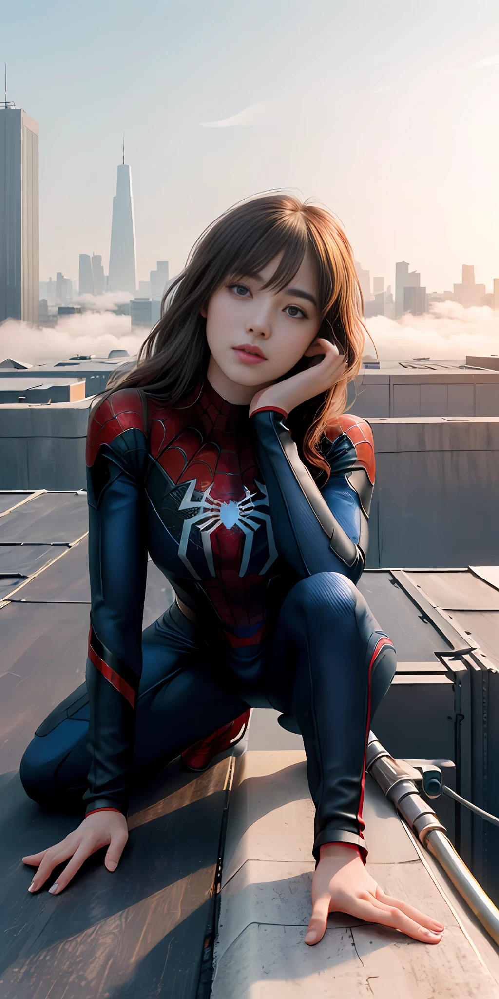 (1girl:1.3), Solo, (((Very detailed face)))), ((Very detailed eyes and face)))), Beautiful detail eyes, Body parts__, Official art, Unified 8k wallpaper, Super detailed, beautiful and beautiful, beautiful, masterpiece, best quality, original, masterpiece, super fine photo, best quality, super high resolution, realistic realism, sunlight, full body portrait, amazing beauty, dynamic pose, delicate face, vibrant eyes, (from the front), She wears Spider-Man suit, red and black color scheme, spider, very detailed city roof background, rooftop, overlooking the city, detailed face, detailed complex busy background, messy, gorgeous, milky white, highly detailed skin, realistic skin details, visible pores, clear focus, volumetric fog, 8k uhd, DSLR, high quality, film grain, fair skin, photo realism, lomography, futuristic dystopian megalopolis, translucent