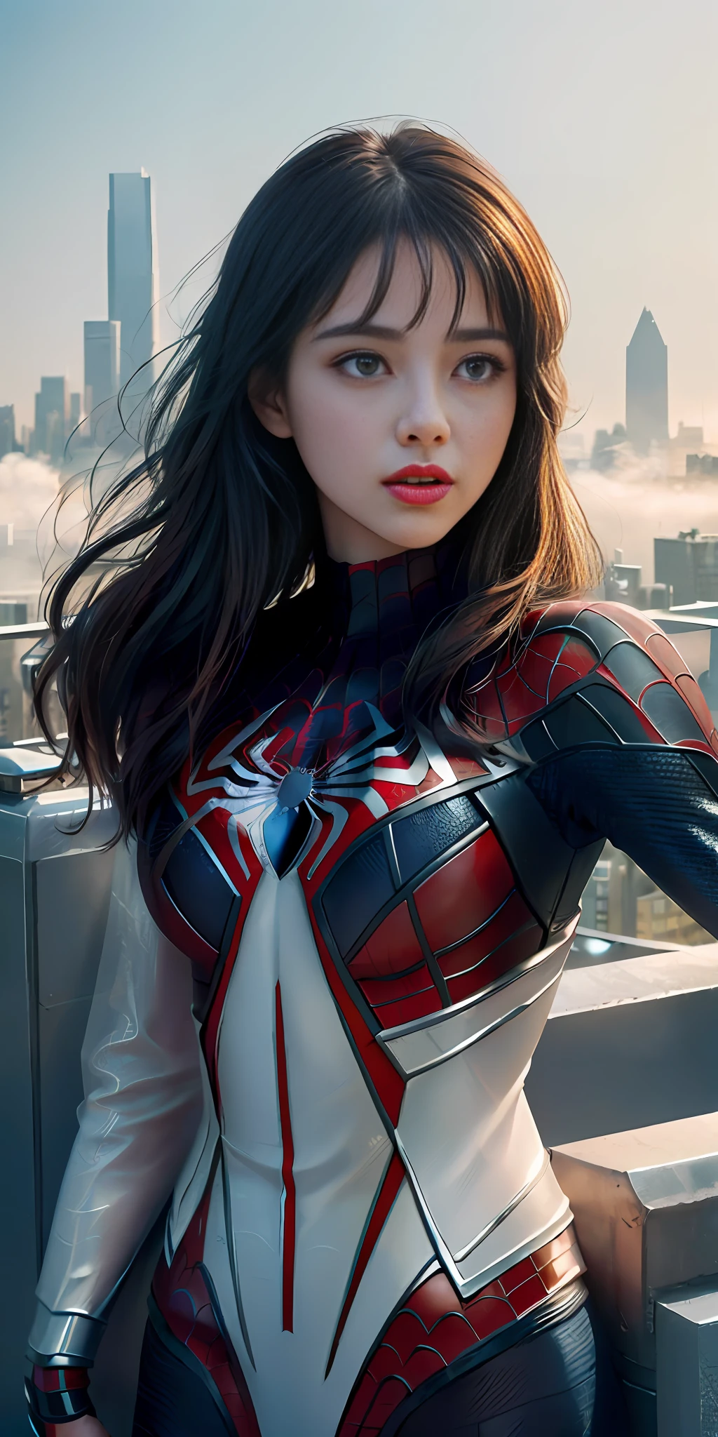 (1girl:1.3), Solo, (((Very detailed face)))), ((Very detailed eyes and face)))), Beautiful detail eyes, Body parts__, Official art, Unified 8k wallpaper, Super detailed, beautiful and beautiful, beautiful, masterpiece, best quality, original, masterpiece, super fine photo, best quality, super high resolution, realistic realism, sunlight, full body portrait, amazing beauty, dynamic pose, delicate face, vibrant eyes, (from the front), She wears Spider-Man suit, red and black color scheme, spider, very detailed city roof background, rooftop, overlooking the city, detailed face, detailed complex busy background, messy, gorgeous, milky white, highly detailed skin, realistic skin details, visible pores, clear focus, volumetric fog, 8k uhd, DSLR, high quality, film grain, fair skin, photo realism, lomography, futuristic dystopian megalopolis, translucent
