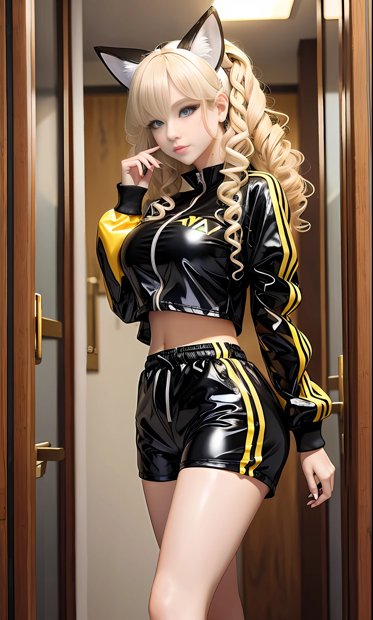 Sister with sister, blonde curly hair, blue eyes, white fox ears, black and yellow low-cut breastless latex ultra-short tracksuit