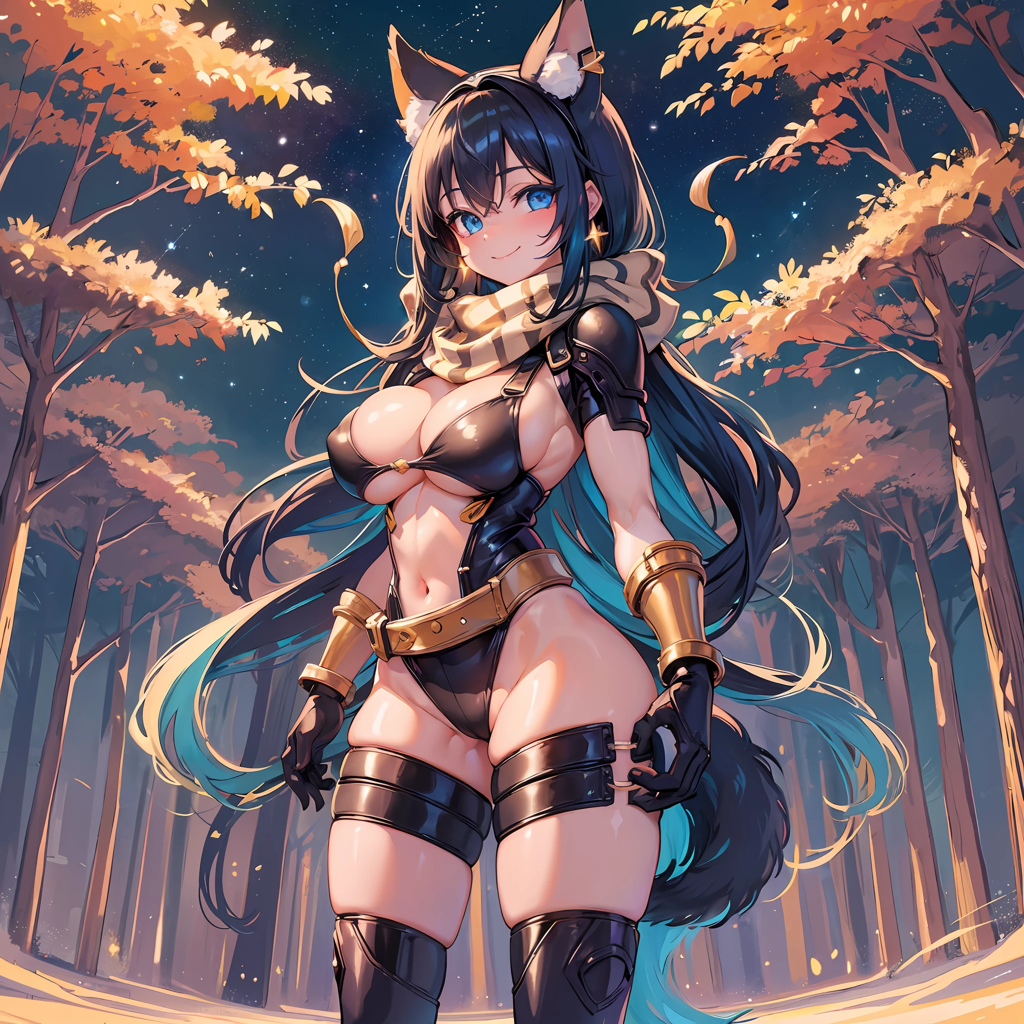 masterpiece,best quality, 8k,1girl,((furry)) , rivetlombax, blue eyes, animal ears, earrings, goggles on head, bangs, mechanical arms, scarf, bodysuit, belt, 1tail, (tail is attached to the ass) , forest, smile, not human, ass big,(looking flirtie) ,smile,forest,cartoon style, cute, (breast:1.7), full body picture, thick thighs, camel toe, night city, night time sky full of stars, arms crossed, Ratchet and Clank