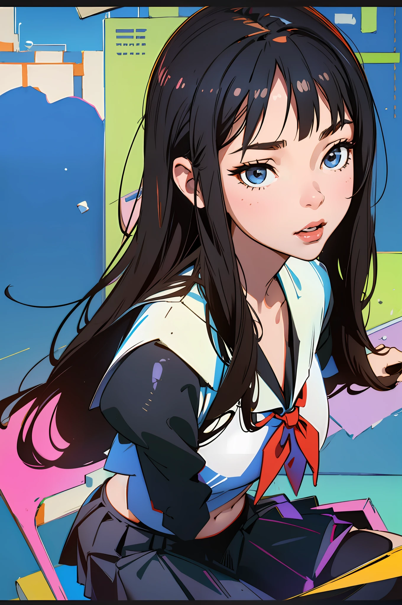 masterpiece, top quality, ultra high definition, colorful, flat color, depth of field, lens flare
1 girl, sitting, black hair, watching viewer, school, classroom, pleated mini skirt, take off school uniform, serafuku, black pantyhose, detailed touch, detailed cloth texture, beautiful detailed face, 30 year old beauty, adult atmosphere --auto --s2