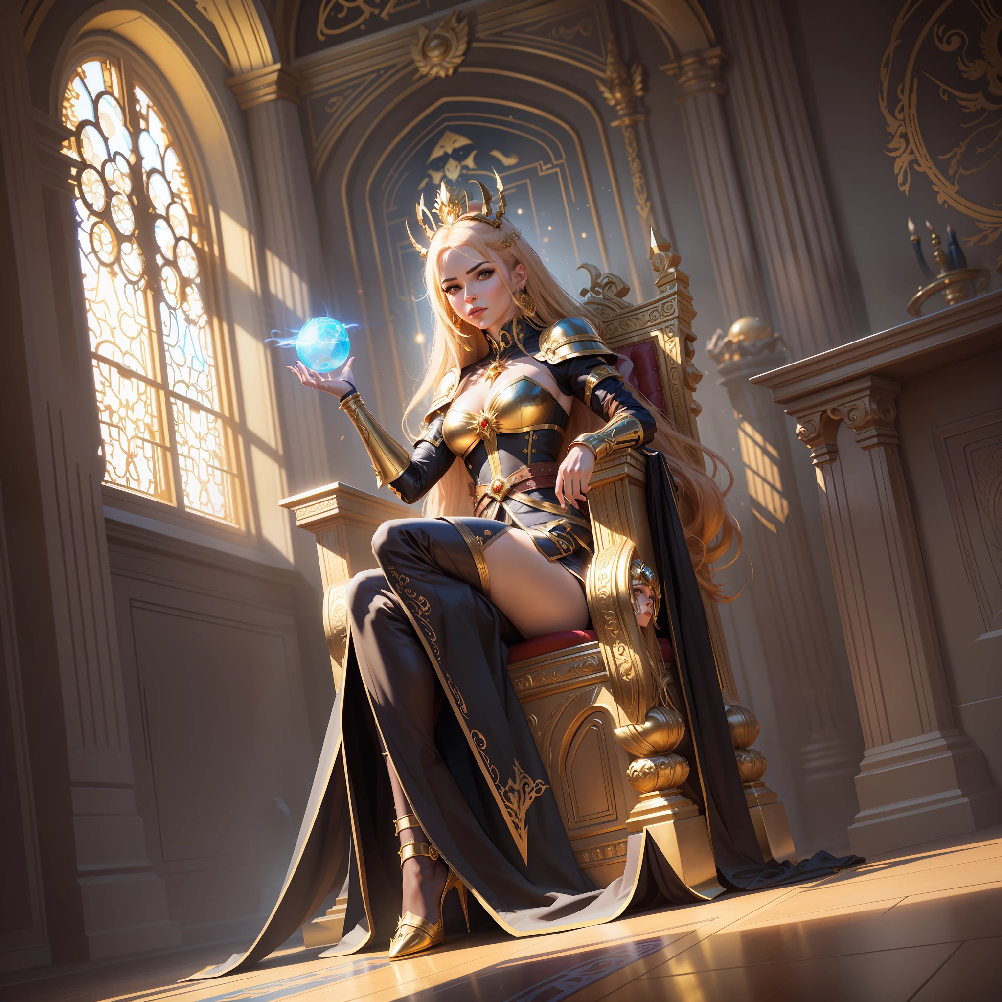 Arafed woman on a golden throne with a chaotic magic, Artgerm Julie Bell Beeple, Wlop and Ross Tran, Wlop and Artgerm, Ross Tran and Wlop, model IG | Artgerm, Artgerm extremely detailed, Artgerm and Wlop, Aly Fell and Artgerm