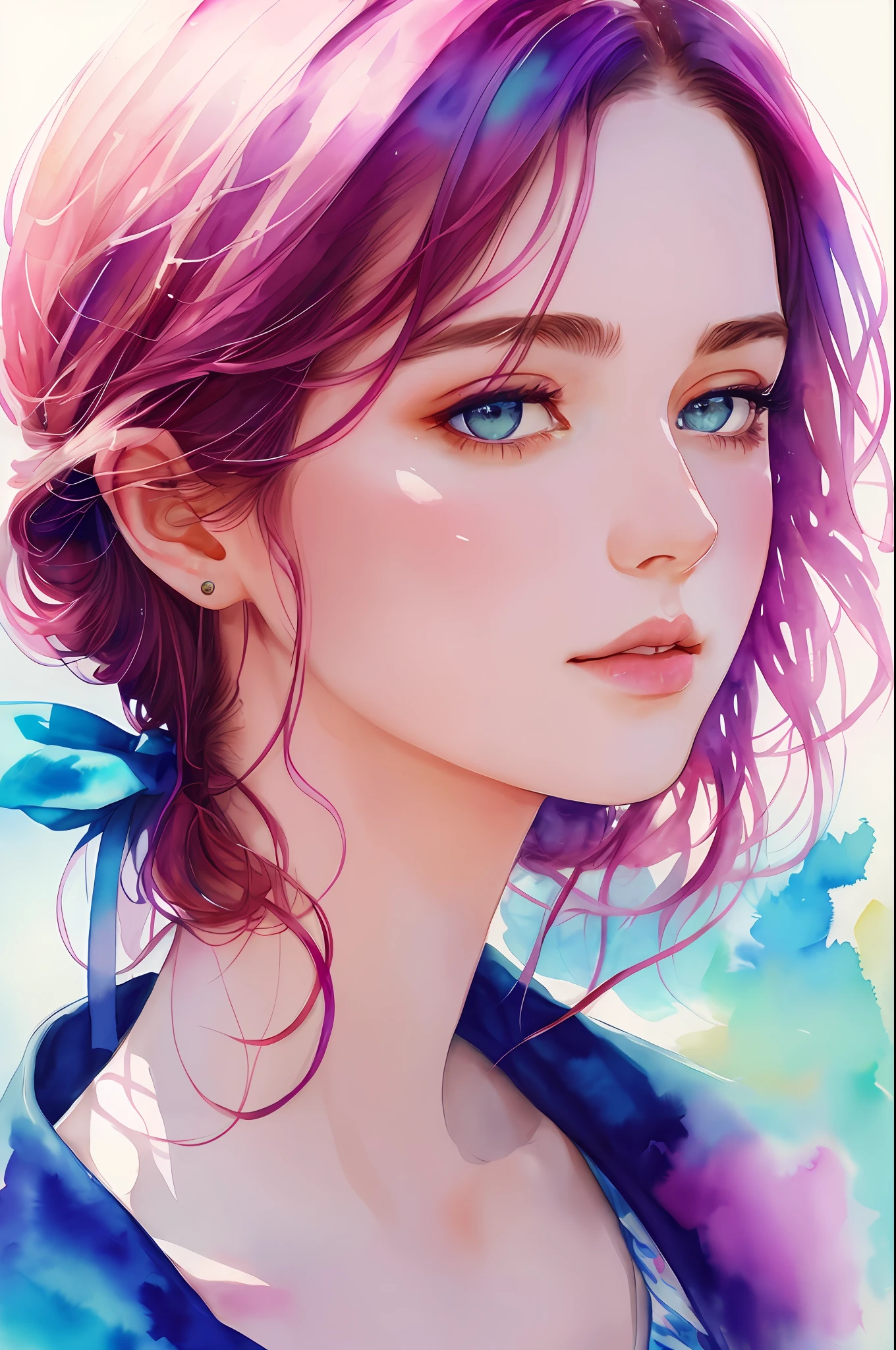 (8k, best quality, masterpiece:1.2),(best quality:1.0), (ultra highres:1.0), watercolor, a beautiful woman, shoulder, hair ribbons, by agnes cecile, half body portrait, extremely luminous bright design, pastel colors, (ink:1.3), autumn lights,