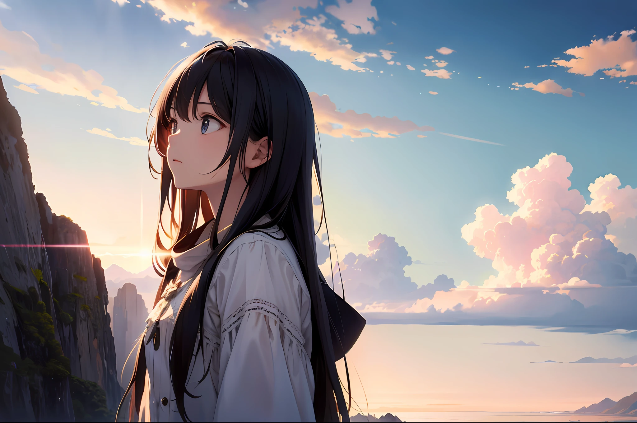 absurdres, highres, (official art, beautiful and aesthetic:1.2), close view,
shining sky, vast world, girl, gazing, awe-inspiring expression, distant horizon, clouds, high hill, natural beauty, inspiration, light effects,