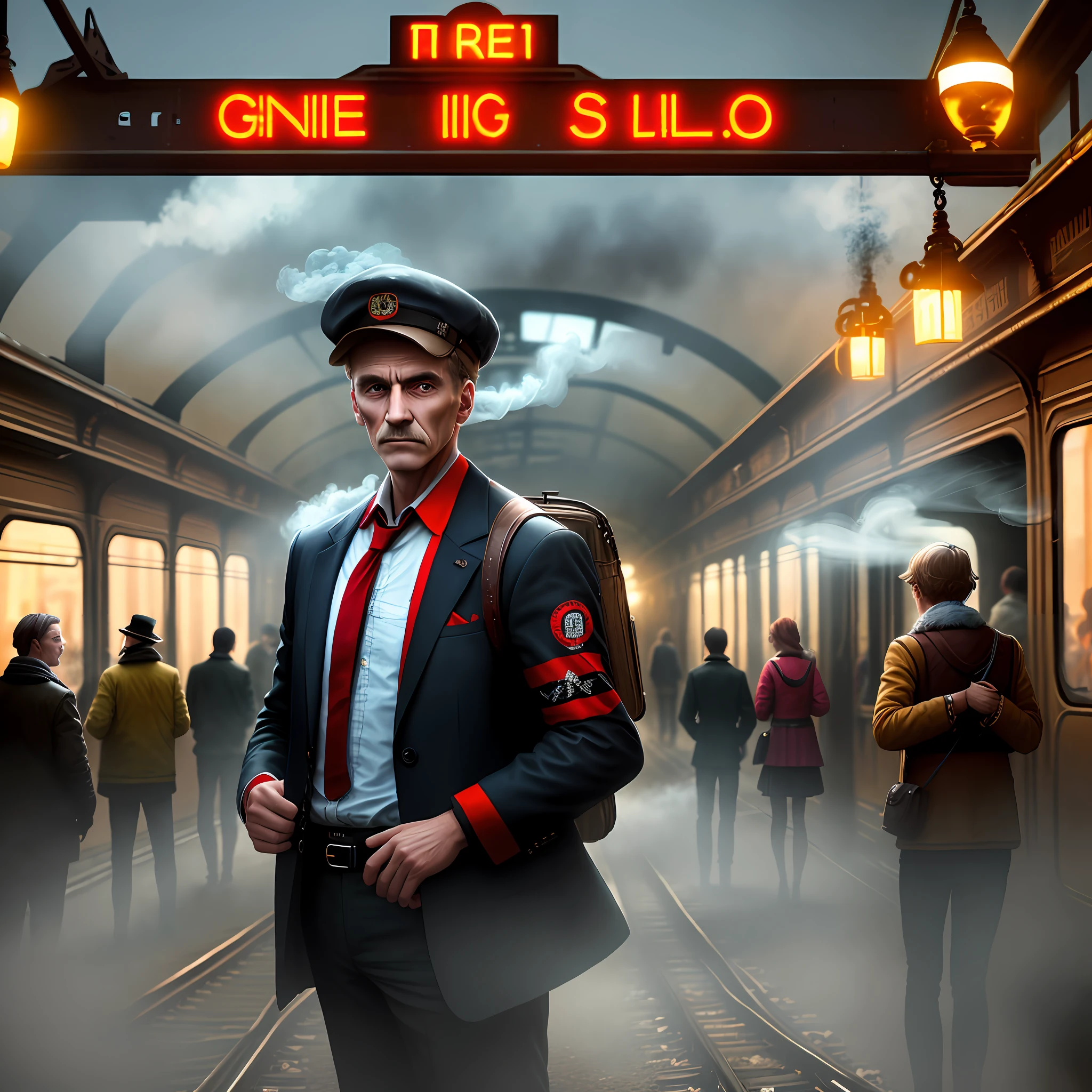 Create an image of people selling clothes, in an old train station, with lots of smoke and party lights