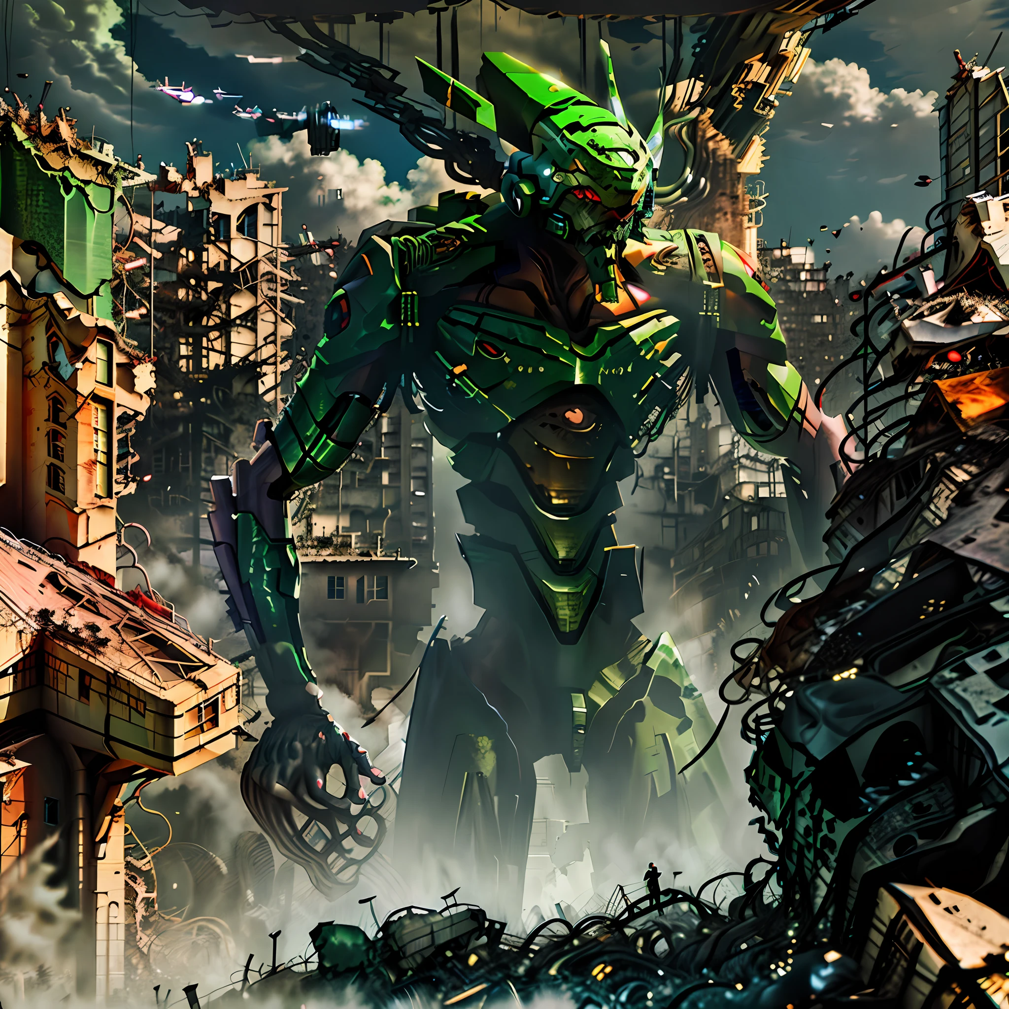 Giant green robot in a destroyed city