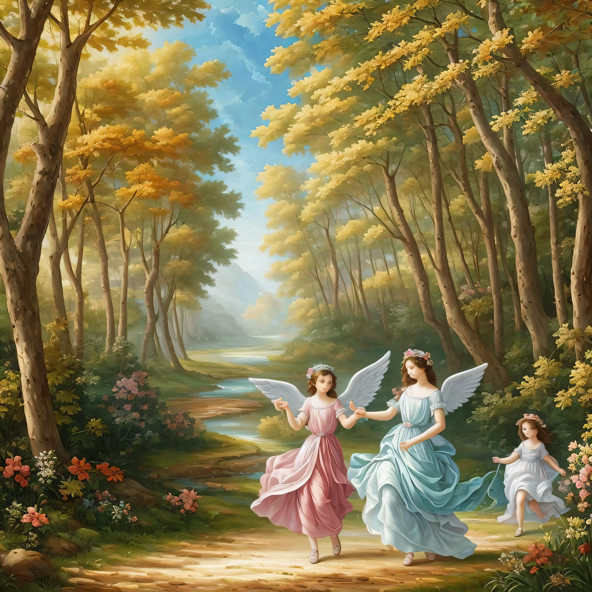 Generate beautiful fantasy oil paintings with angels frolicking. There is sunlight filtering through the trees, and the scenery of the vast land. Make it Florentine style with oil painting --auto --s2