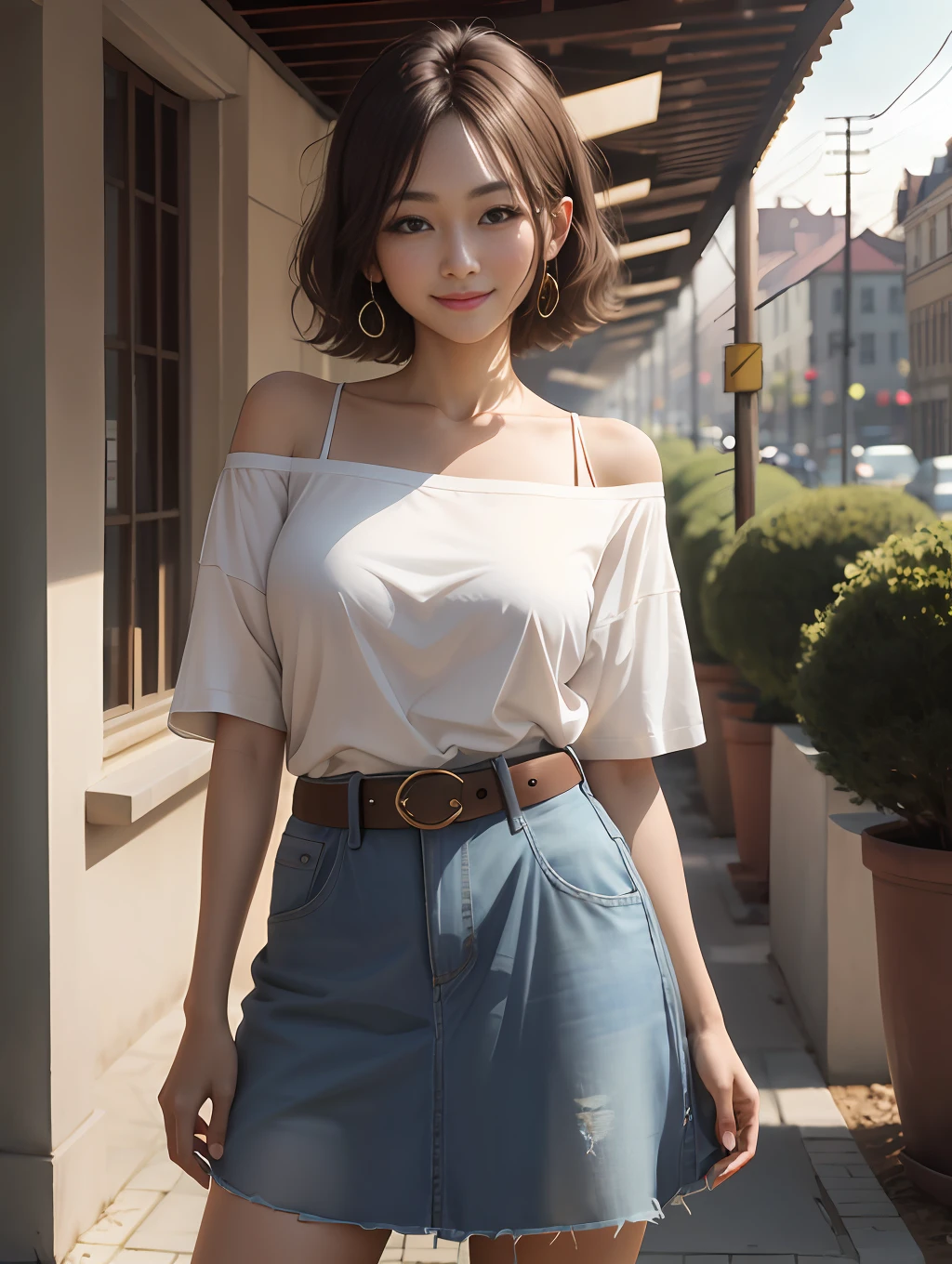 4K, masterpiece, high resolution, absurdity, natural volume lighting and best shadows, deep depth of field, sharp focus, smile, soft and delicate beautiful face, edgAsianc, beautiful woman, oversized t-shirt, off-the-shoulder, belt, skirt, wear edgAsianc, shoot