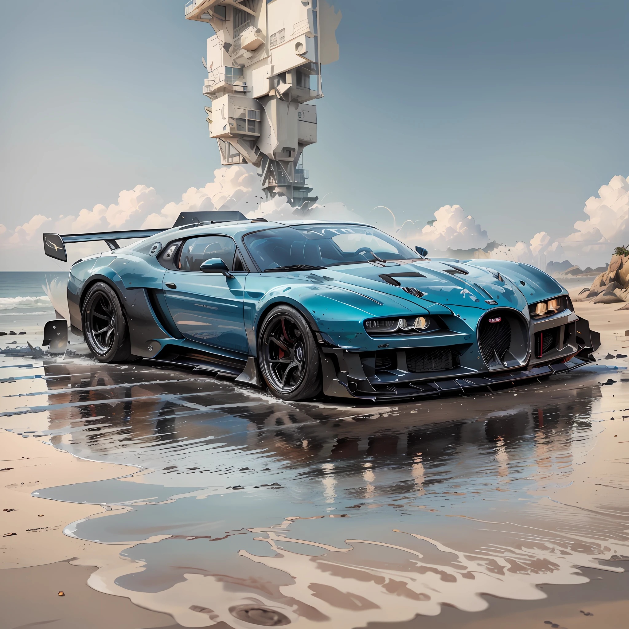 Graphic design, flat design, Bugatti Bolide, watercolor splashes, clean highly detailed, photorealistic masterpiece, professional photography, realistic car, realistic sunny beach, isometric, vibrant color vector, sharp focus, volumetric mist, 8k UHD, DSLR, high quality, grain film, Fujifilm XT3