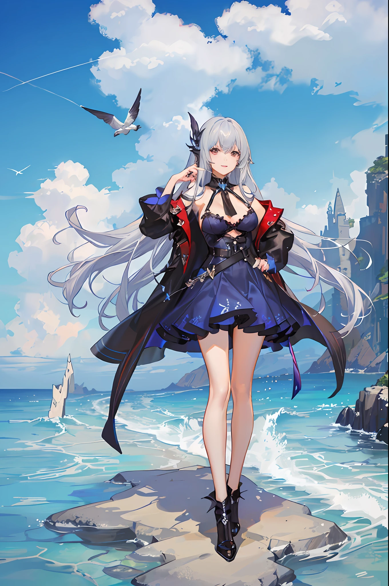 Woman standing on the beach, azure sea, standing by the sea, ((Bronya Zaichik Silverwing)), with one hand on her hip, as a character from Final Fantasy XIV, heeled boots, (Full body: 1.2), (Ultra detail: 1.4), full body, (Golden ratio: 1.2), long silver hair, (white bra + dark blue dress + white coat), from below, sky,