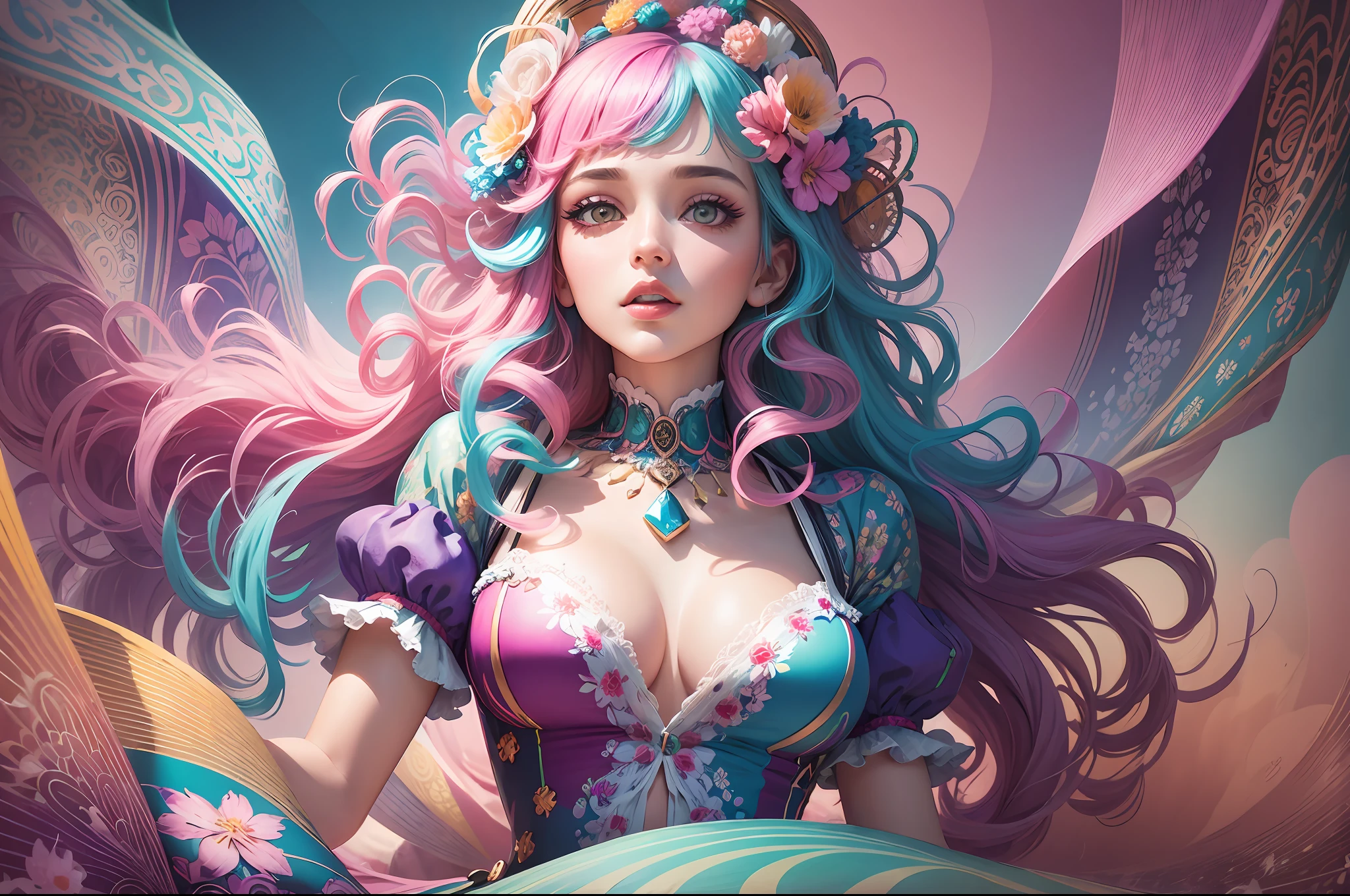 a woman in boheme chic outfit adorned with flowers, vibrant colors, anime-inspired, soft pastels, brush strokes, ethereal, digital painting, beautiful and intricate patterns, delicate curls, rainbows, playful, stylish, high contrast, striking shadows, fantastical elements, modern twist, retro vibes, lively and energetic, surrealistic elements, kaleidoscopic patterns, dreamlike atmosphere, whimsical, effervescent, contemporary flair, eye-catching details, magical ambiance, lively, youthful, pop-art influences, immersive depth. --auto --s2