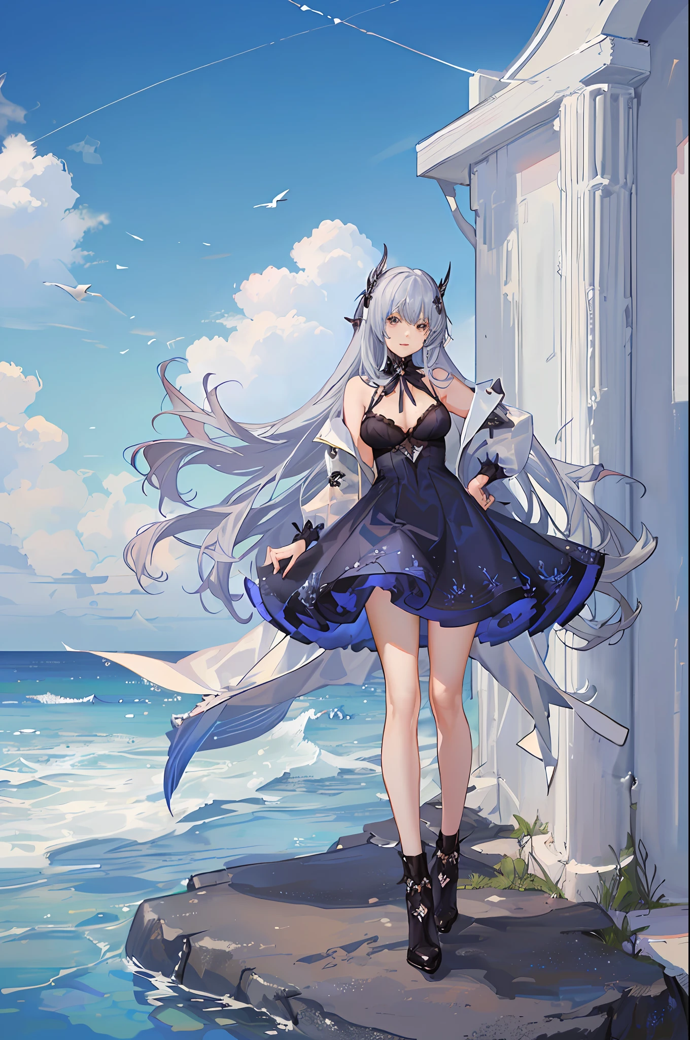 Woman standing on the beach, from below, sky, azure sea, standing by the sea, ((Bronya Zaichik Silverwing)), with one hand on her hip, as a character from Final Fantasy XIV, heeled boots, (Full body: 1.2), (Ultra detail: 1.3), Full body, (Golden ratio: 1.2), long silver hair, (white bra + dark blue dress + white coat)