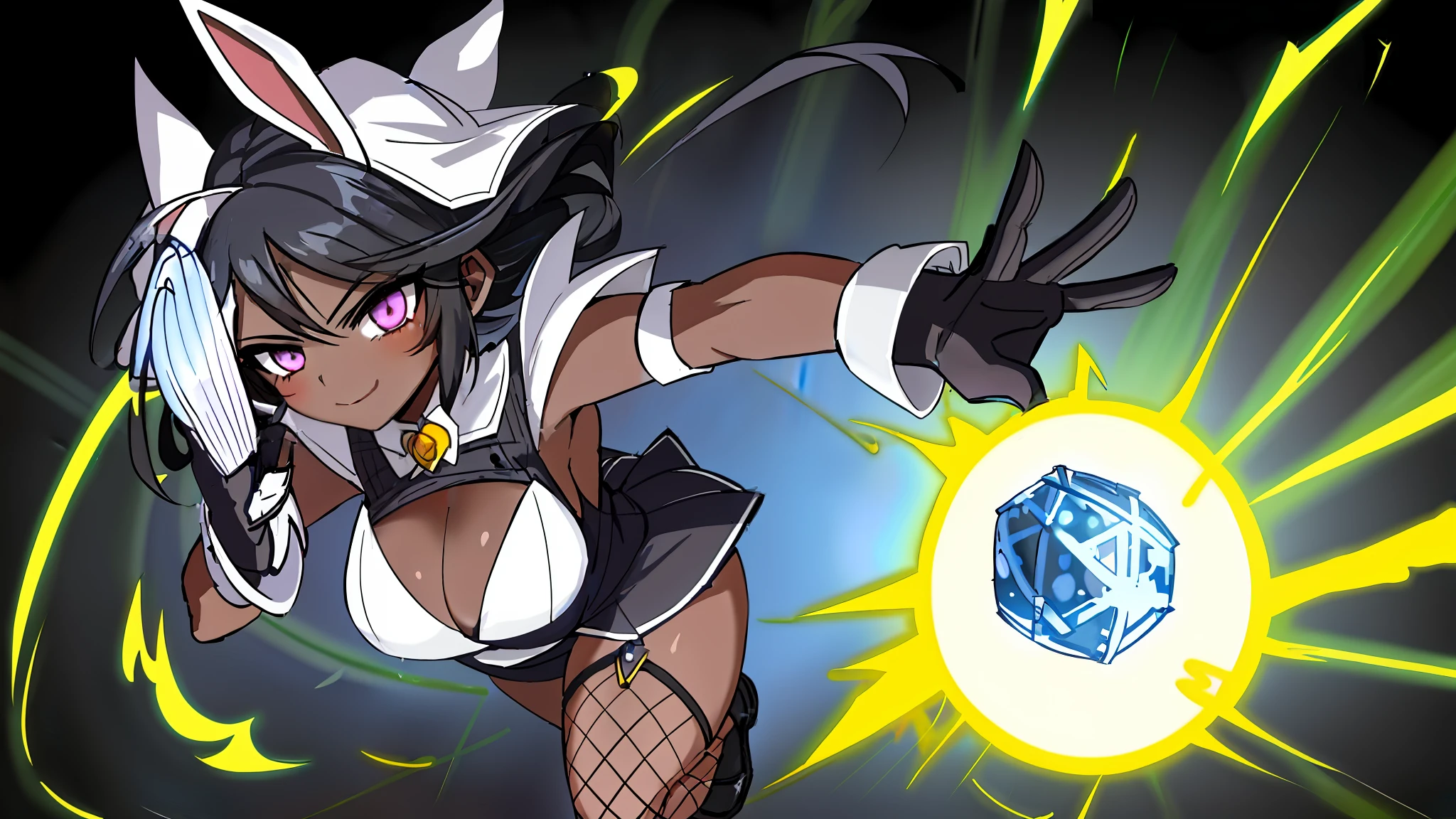 1girl, there is a woman in a costume, bunny ears, spellcasting pose,black hair, short hair, purple eyes, dark skin, lunar themed attire, black and white maid dress outfit with a short skirt, doing a sassy pose,  fishnet stockings, perfect dynamic pose, magical space