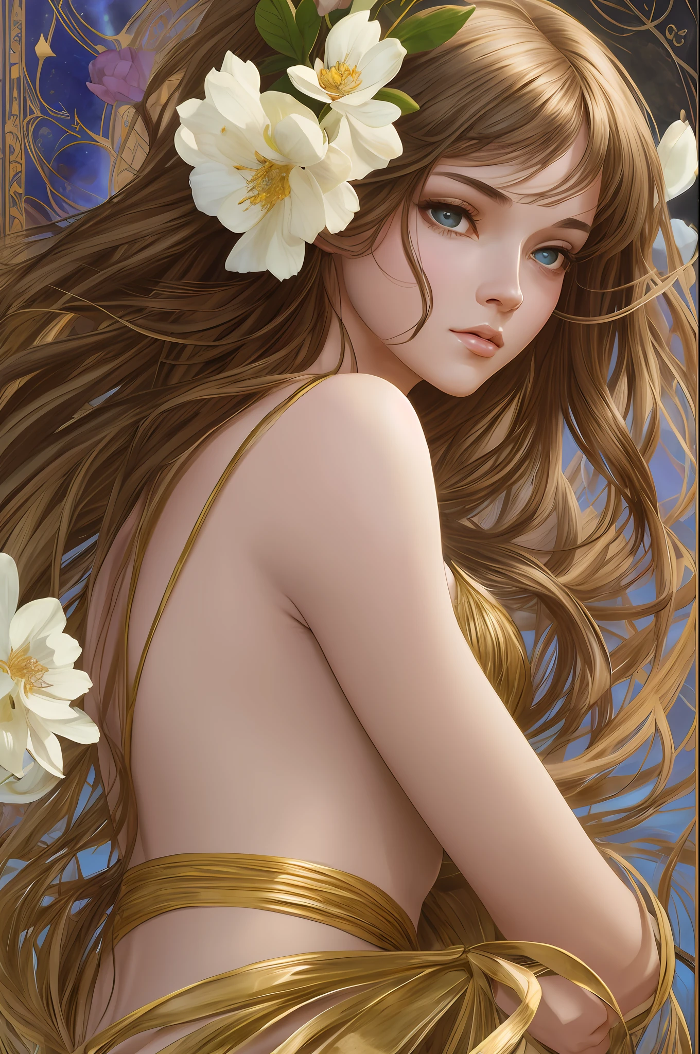 • FEMME, Mirela Anton art Style, artistic, Soft color palette, windblown flowers, Sparkle, magical photography, Soft smooth lighting, Light background, realistic photo, super detailed, 4k, High resolution, super fine sharp, High quality, Unique, with no text, watermark, poorly drawn hands, poorly drawn feet, poorly drawn face, out of frame, mutation, mutated, extra limbs, extra legs, grainy, extra arms, disfigured, deformed, cross-eye, body out of frame, blurry, blurred, bad art, bad anatomy, Poorly drawn, Long neck, Long face, Long body, Double head, Beautiful colors, 3d rendered, Alphonse Mucha, Ross Tran, stanley artgerm lau --auto --s2