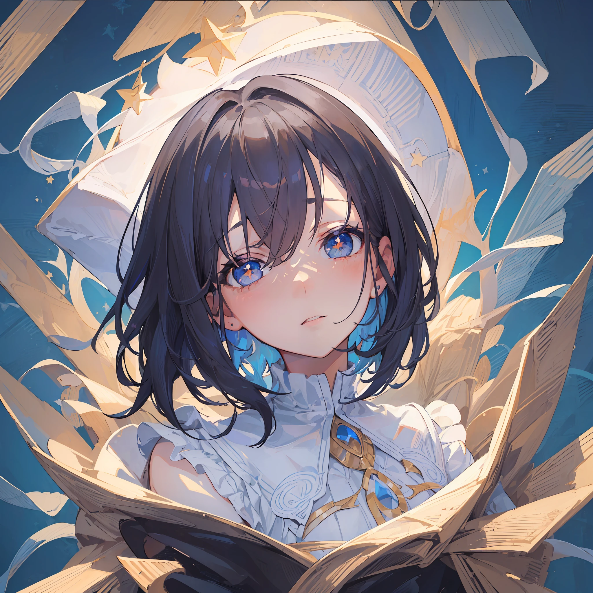 ((((masterpiece, illustration, portrait of a girl, beautiful colors, highres, best quality))), 1girl, alone, close-up, looking at the viewer, angry, tsundere, short blue hair, short hair, short wavy hair, bob cut, dark blue hair, gradient hair, down white hair, beautiful eyes, detailed eyes, gray eyes, blind, blind girl, star-shaped pupils, +_+, symbol-shaped pupils, bright eyes, perfect anatomy, correct anatomy, correct head proportions,