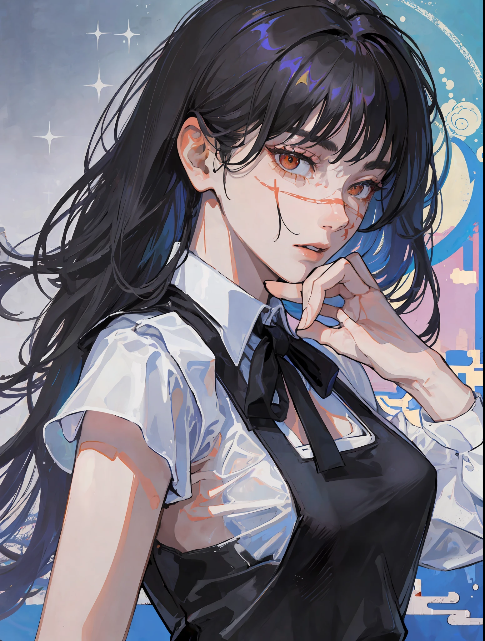 ((masterpiece, best quality)), (1girl), (solo), (female focus), yoru \(chainsaw man\),(very detailed face, real image, realistic white skin, realistic body, intricate details), upper body, focus on face,hair tied, intimidating look, black pinafore dress, neck ribbon, small breasts