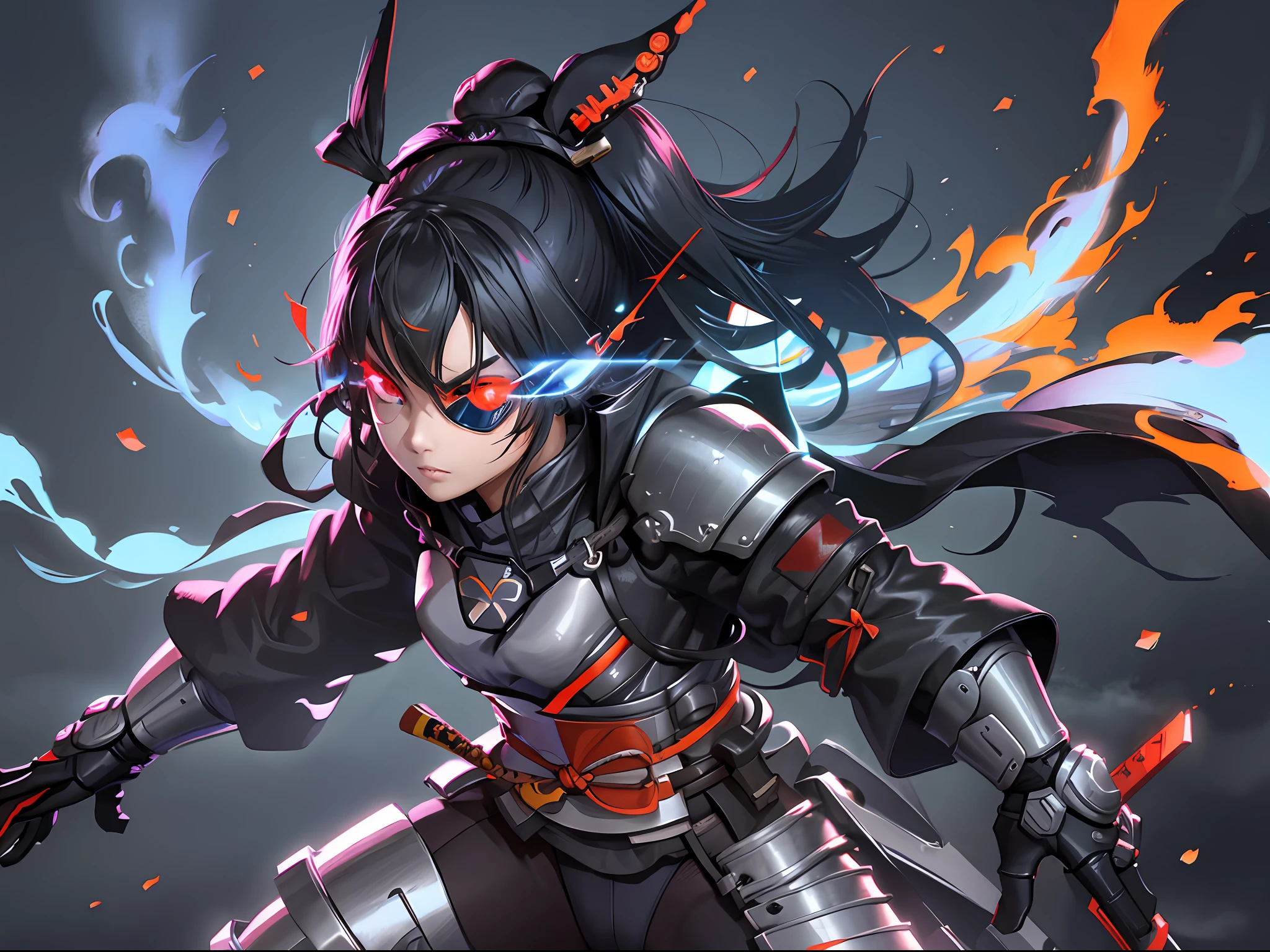 Girl, katana, samurai, futuristic suit, flaming eye, eye trail, cool