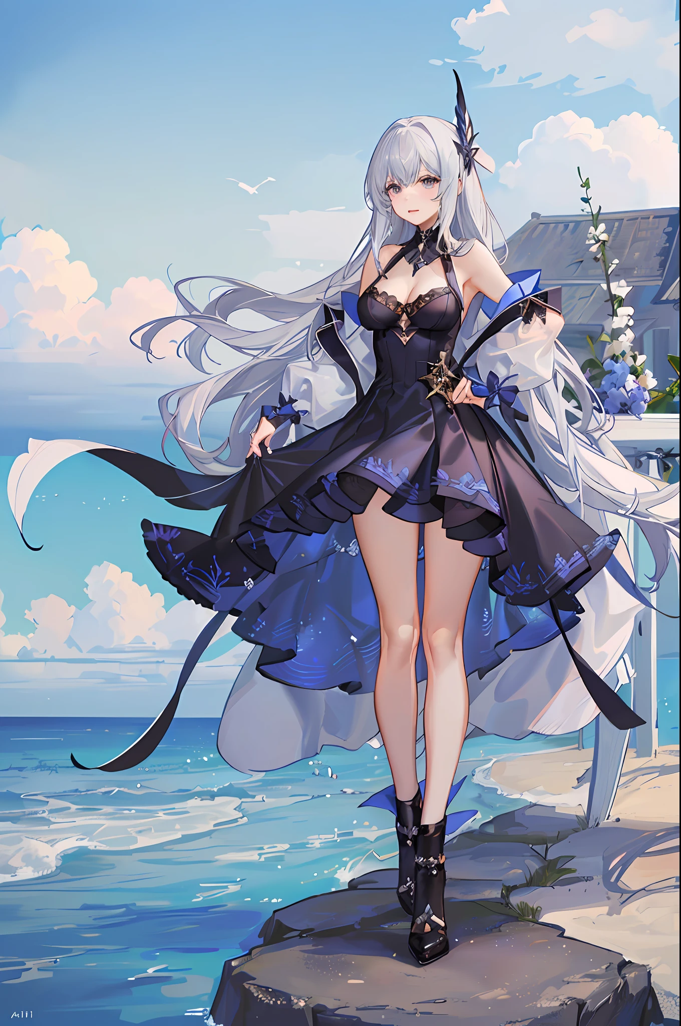 Woman standing on the beach, from below, sky, azure sea, standing by the sea, ((Bronya Zaichik Silverwing)), with one hand on her hip, as a character from Final Fantasy XIV, heeled boots, (Full body: 1.2), (Ultra detail: 1.3), Full body, (Golden ratio: 1.2), long silver hair, (white bra + dark blue dress + white coat)