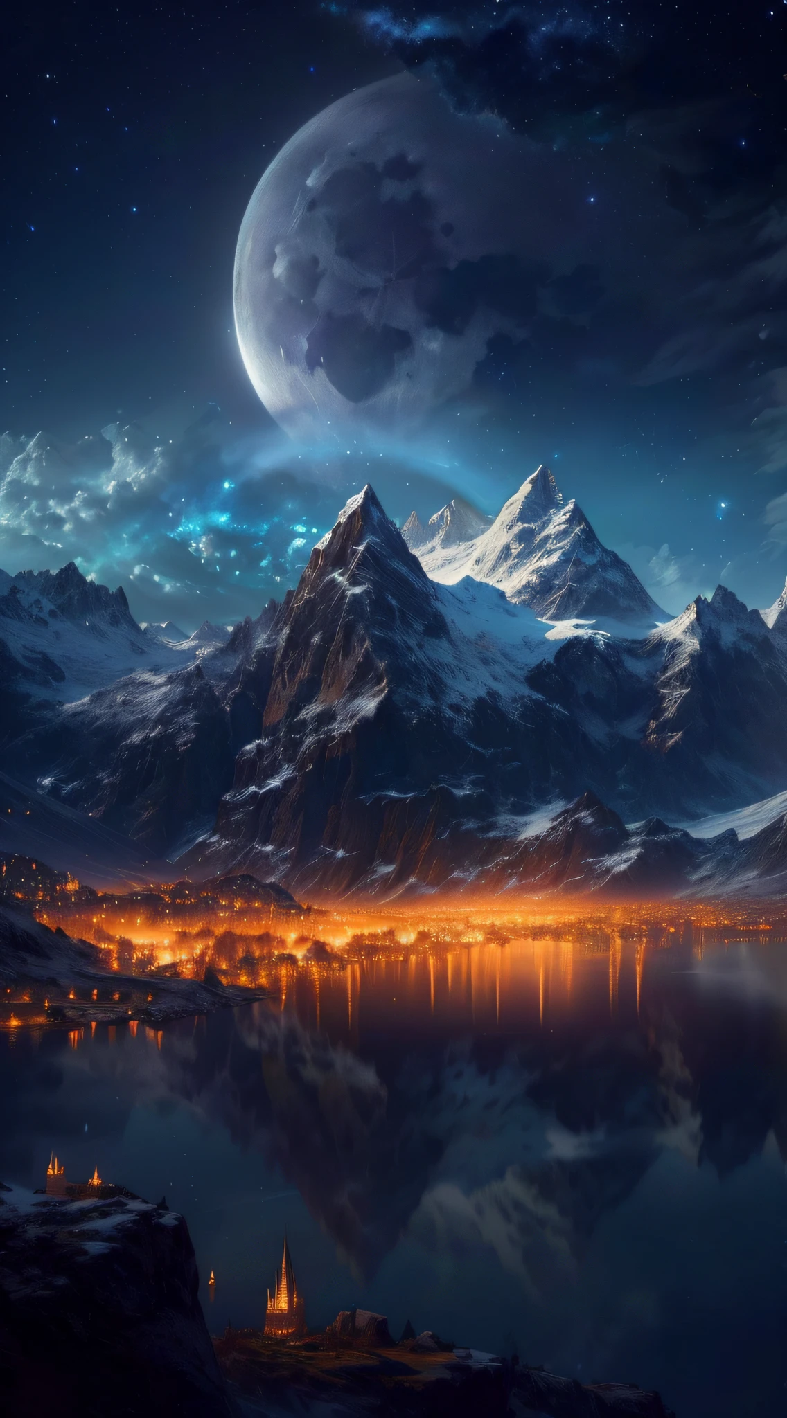 mountains and a lake with a moon in the sky, 4k highly detailed digital art, 4 k hd wallpaper very detailed, impressive fantasy landscape, sci-fi fantasy desktop wallpaper, unreal engine 4k wallpaper, 4k detailed digital art, sci-fi fantasy wallpaper, epic dreamlike fantasy landscape, 4k hd matte digital painting, 8k stunning artwork
