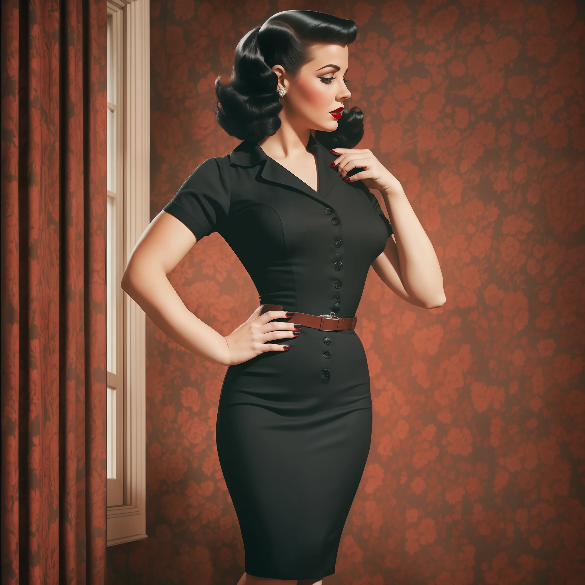 (best quality), (top quality), (dark), (full body), (melancholy), (sadness), (agony), (terror), (horror), (vibrant colors), (bright), (realistic photo), (real photo), (full body) Woman PIN UP dark in a 1950s house. --auto --s2