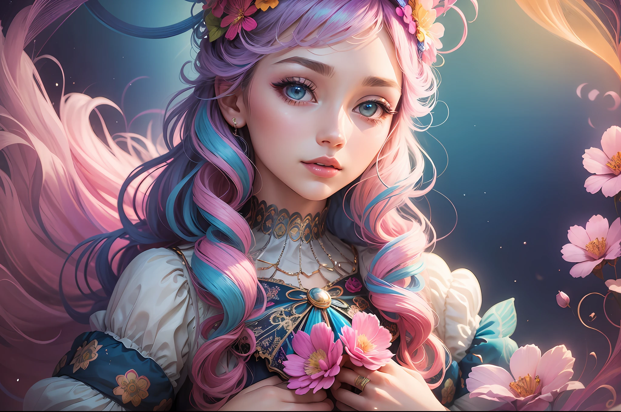 a woman in boheme chic outfit adorned with flowers, vibrant colors, anime-inspired, soft pastels, brush strokes, ethereal, digital painting, beautiful and intricate patterns, delicate curls, rainbows, playful, stylish, high contrast, striking shadows, fantastical elements, modern twist, retro vibes, lively and energetic, surrealistic elements, kaleidoscopic patterns, dreamlike atmosphere, whimsical, effervescent, contemporary flair, eye-catching details, magical ambiance, lively, youthful, pop-art influences, immersive depth. --auto --s2