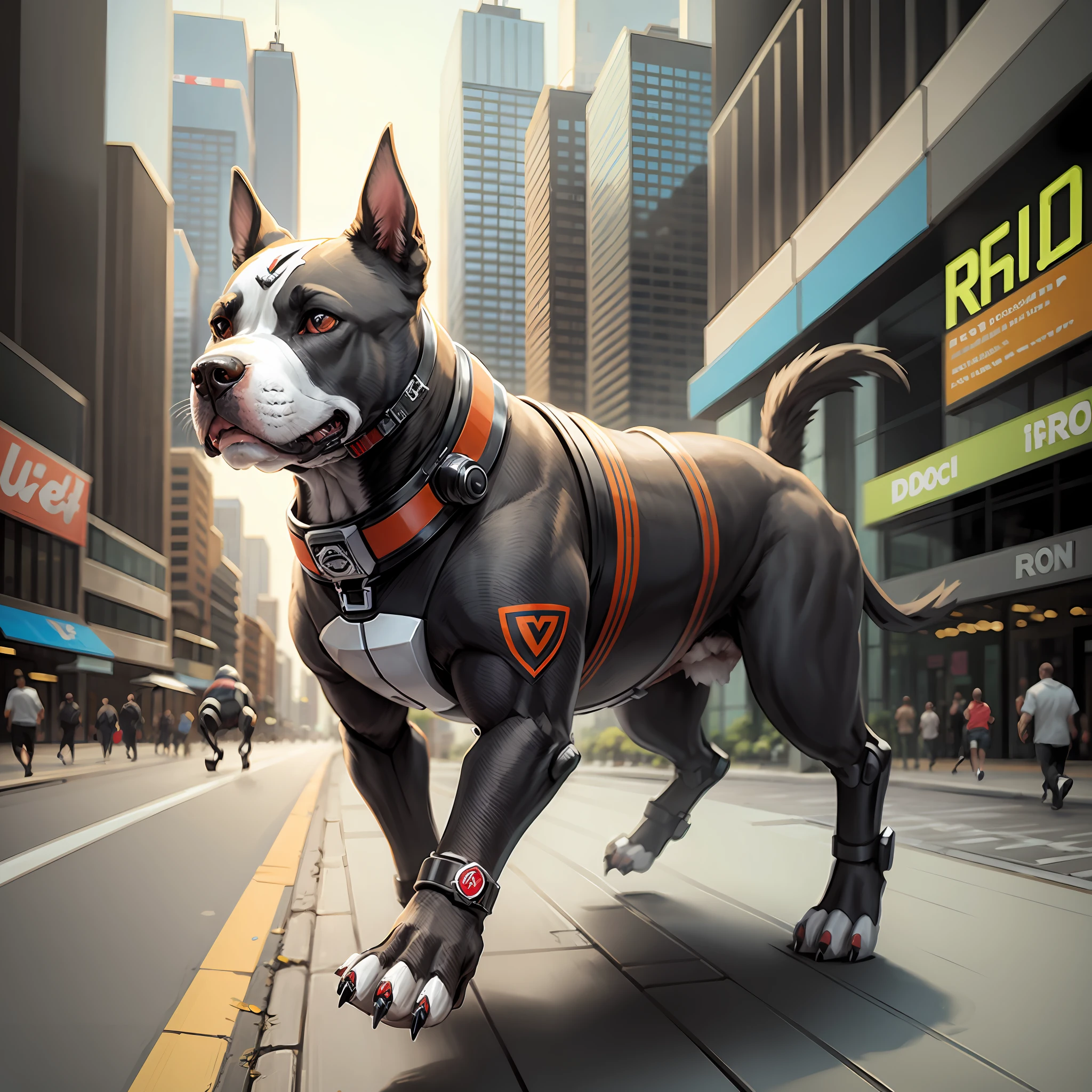 Robot dog of the pitbull breed running in the city --auto --s2