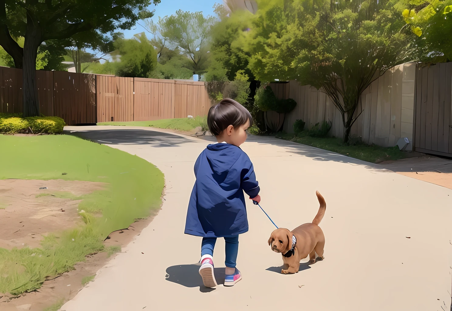 A small child leads a dog