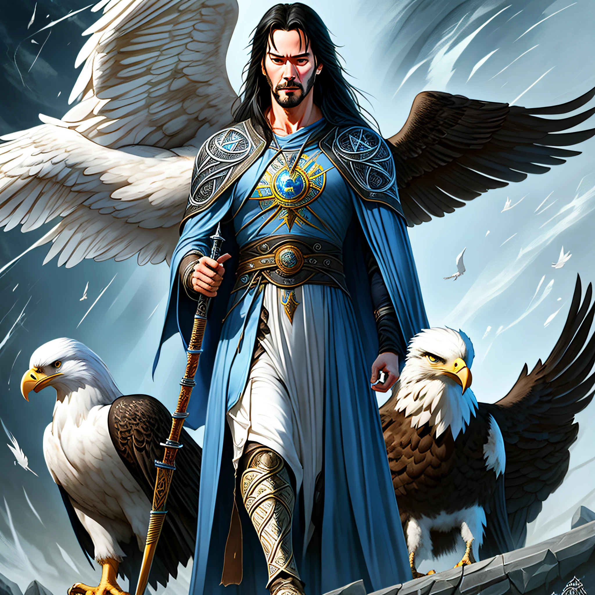 Keanu Reeves A legendary white wizard with a sinister appearance, a thin body, sunken eyes, tribal paint around his eyes, and long black hair. He wears a medieval Celtic tunic with two crossed eagles carved into the garment and wields an eagle staff topped with a blue crystal. Its presence is remarkable when it arrives in full length on the reference sheet. --auto --s2