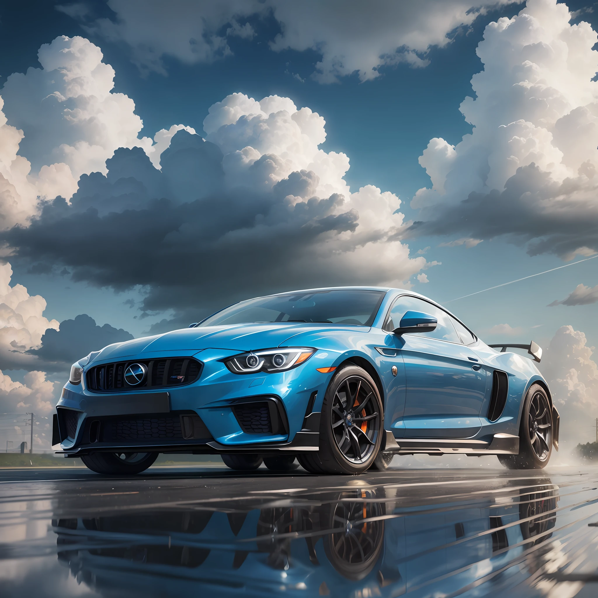 Masterpiece, best quality, official art, extremely detailed CG unity 8k wallpaper, illustration, day, in spring, cloudy, sky, beautiful detailed sky, light, official art, very detailed CG unity 8k wallpaper, illustration, day, in spring, cloudy, sky, beautiful detailed sky, light, 1car, (car:1), motor vehicle, ground vehicle, sports car blue car, skylineR34, vehicle focus, road, Need for speed, moving, wet, picture real, The body is strongly reflective, the contrast is enhanced, the picture is rich in detail, the body is transparent, the 3D modeling is ultra-realistic rendering, the perspective is strong, the sports car is lit, there are some splashes on the wheels, the main object is prominent,
