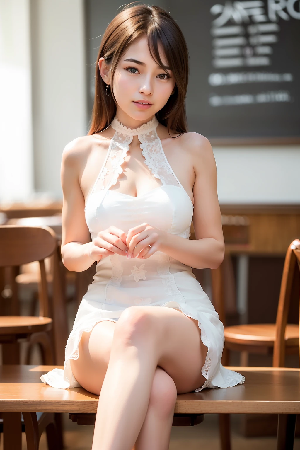 best quality, masterpiece, ultra high res, 8K, raw, (photo realistic:1.4), professional lighting, sharp focus, 1 girl, (detailed background:1.5), (at the cafe:1.3), full body, slender, (sit on a chair, crossed legs), cute, 24yo, smile, tiny breasts, detailed clothes, (embroidery dress, mock neck)