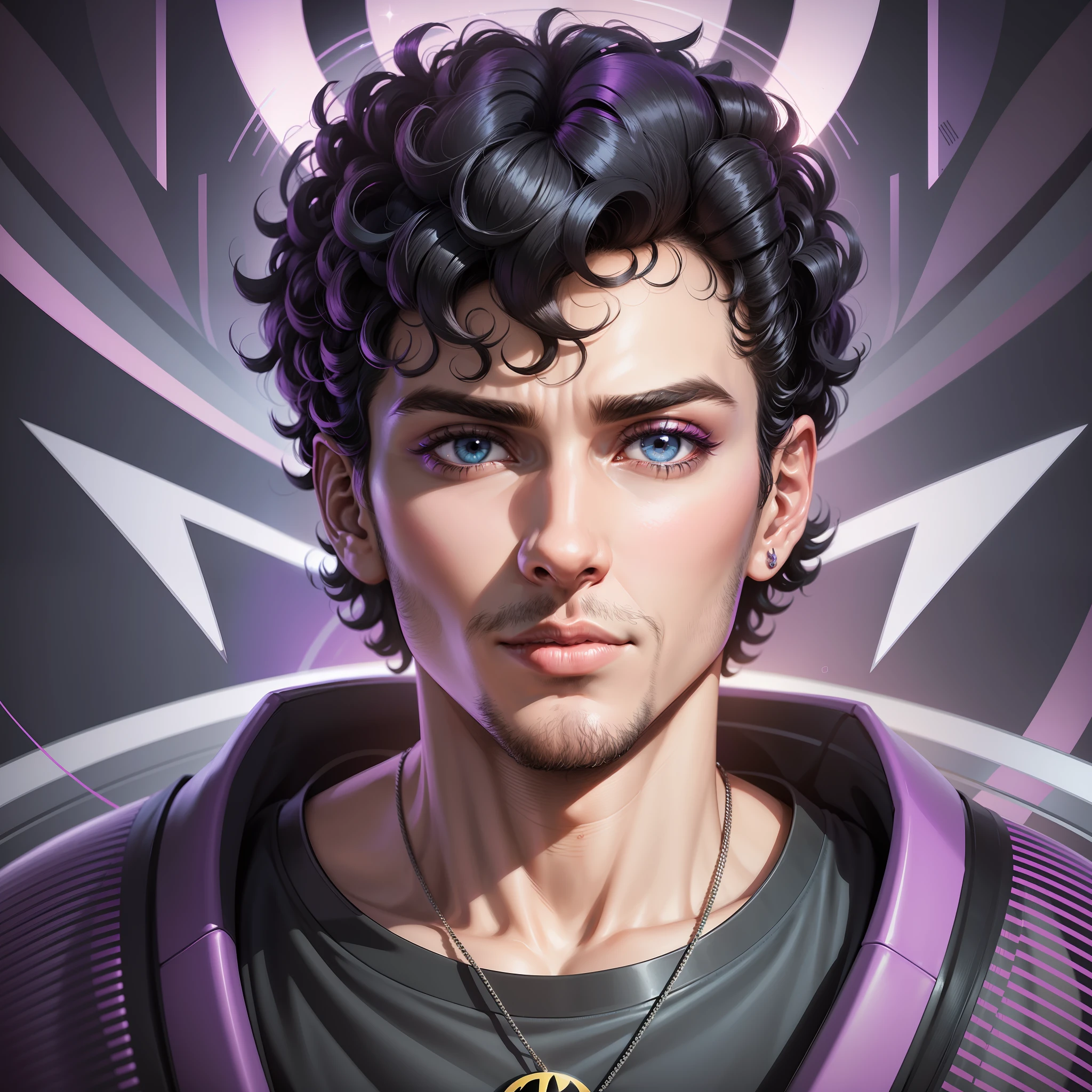 black short curly hair man cartoon character in a circle, a picture, futurism, violet colored theme, in style of kyrill kotashev, miami. illustration, with names, batman t shirt, keyframe illustration, rap album cover, 8 0 - s style poster, detailed 2d illustration, 8k octane photo