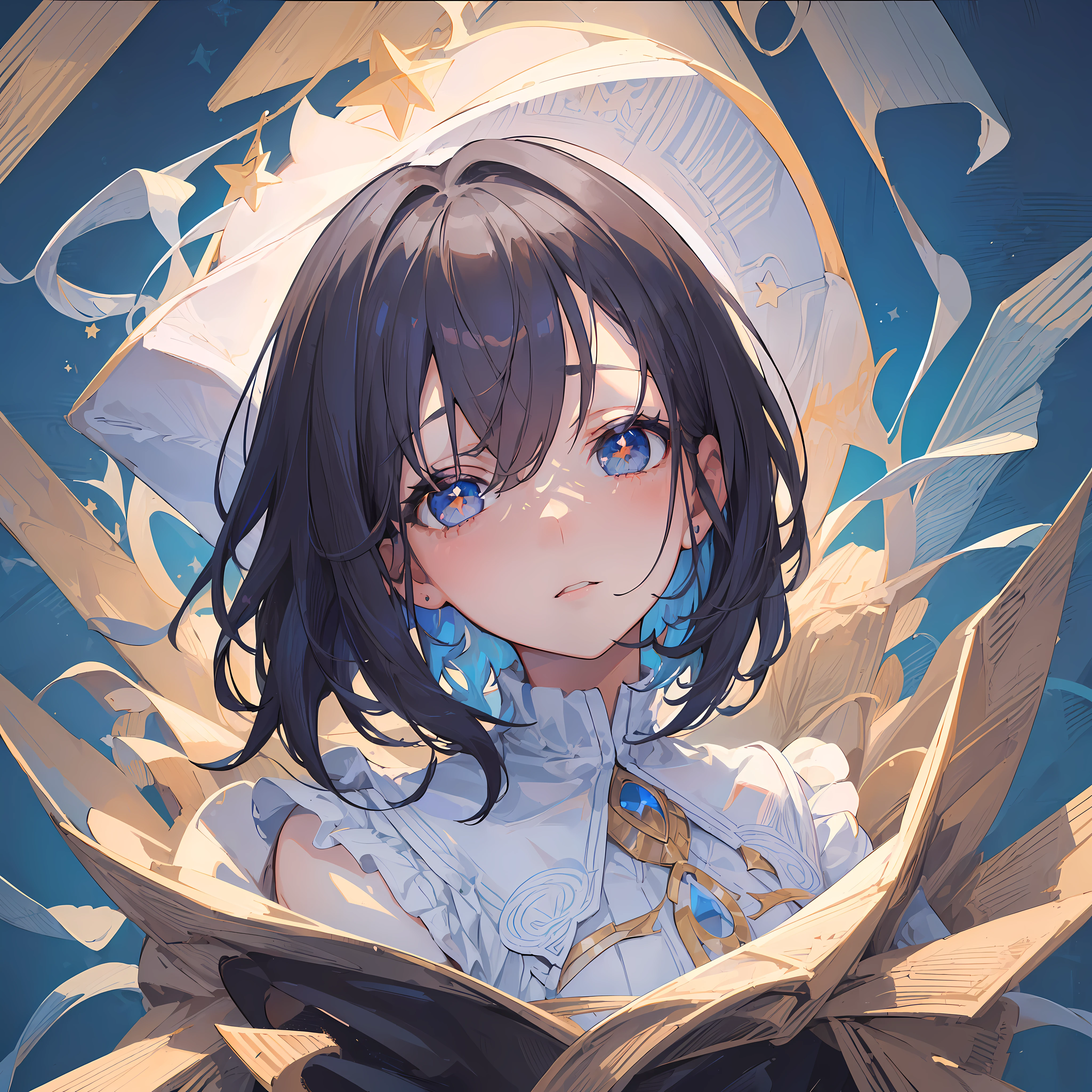 ((((masterpiece, illustration, portrait of a girl, beautiful colors, highres, best quality))), 1girl, alone, close-up, looking at the viewer, angry, tsundere, short blue hair, short hair, short wavy hair, bob cut, dark blue hair, gradient hair, down white hair, beautiful eyes, detailed eyes, gray eyes, blind, blind girl, star-shaped pupils, +_+, symbol-shaped pupils,  bright eyes, perfect anatomy, correct anatomy, correct head proportions,