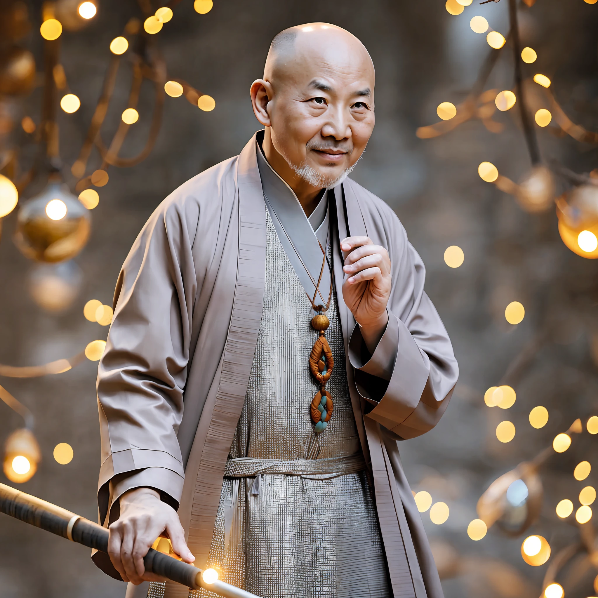 A Chinese monk, monk in Tang robe, monk in monk's robe, bald, wearing a cassock, handsome face, holding a magic staff, walking style, hair ornaments, necklaces, jewelry, beauty, on_body, Tyndall effect, realistic, shadow room, light edge, two-tone lighting, (high detail skin: 1.2), 8k uhd, SLR, soft light, high quality, volumetric lighting, candid shot, photo, high resolution, 4k, 8k, background bokeh --auto --s2