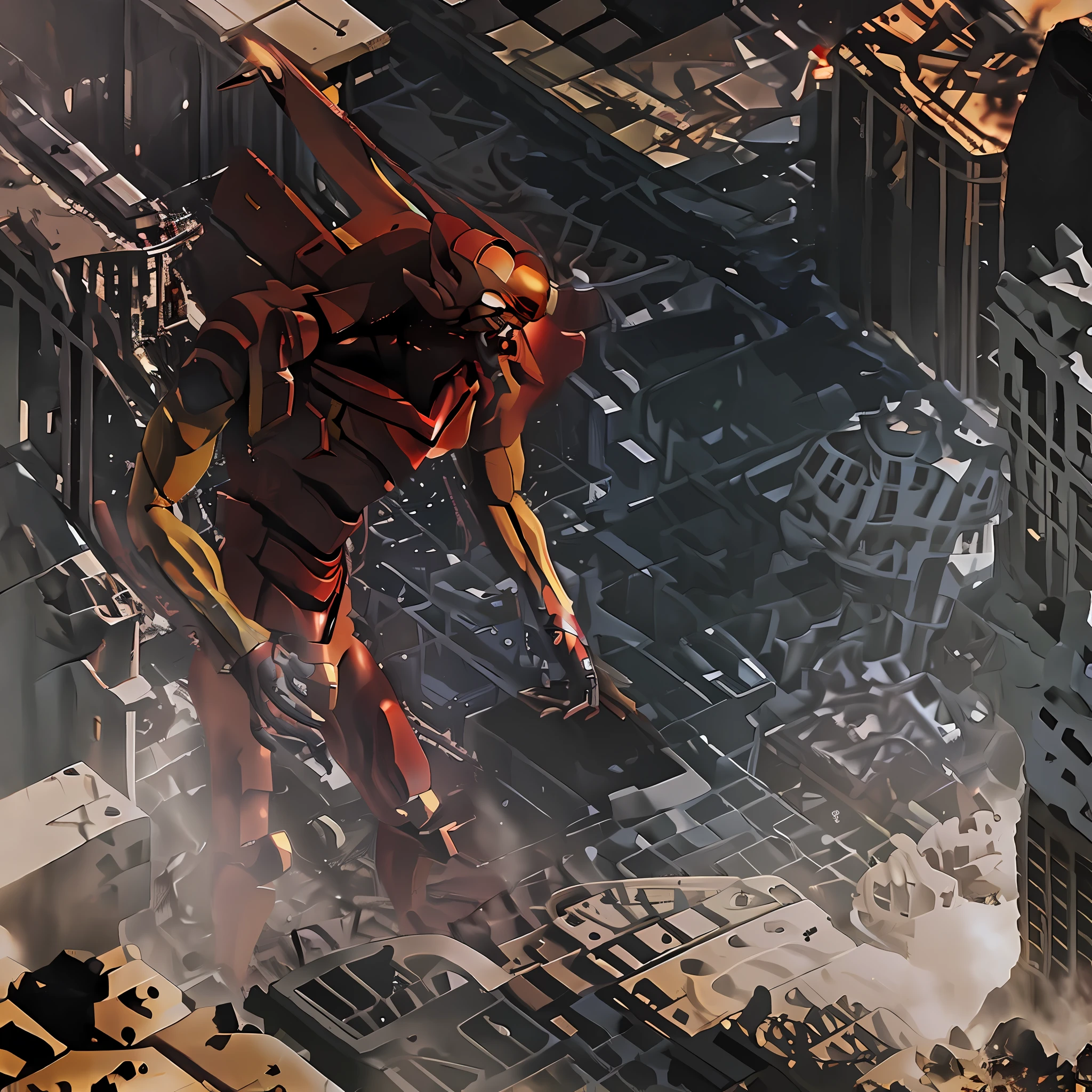 Giant red robot in a destroyed city