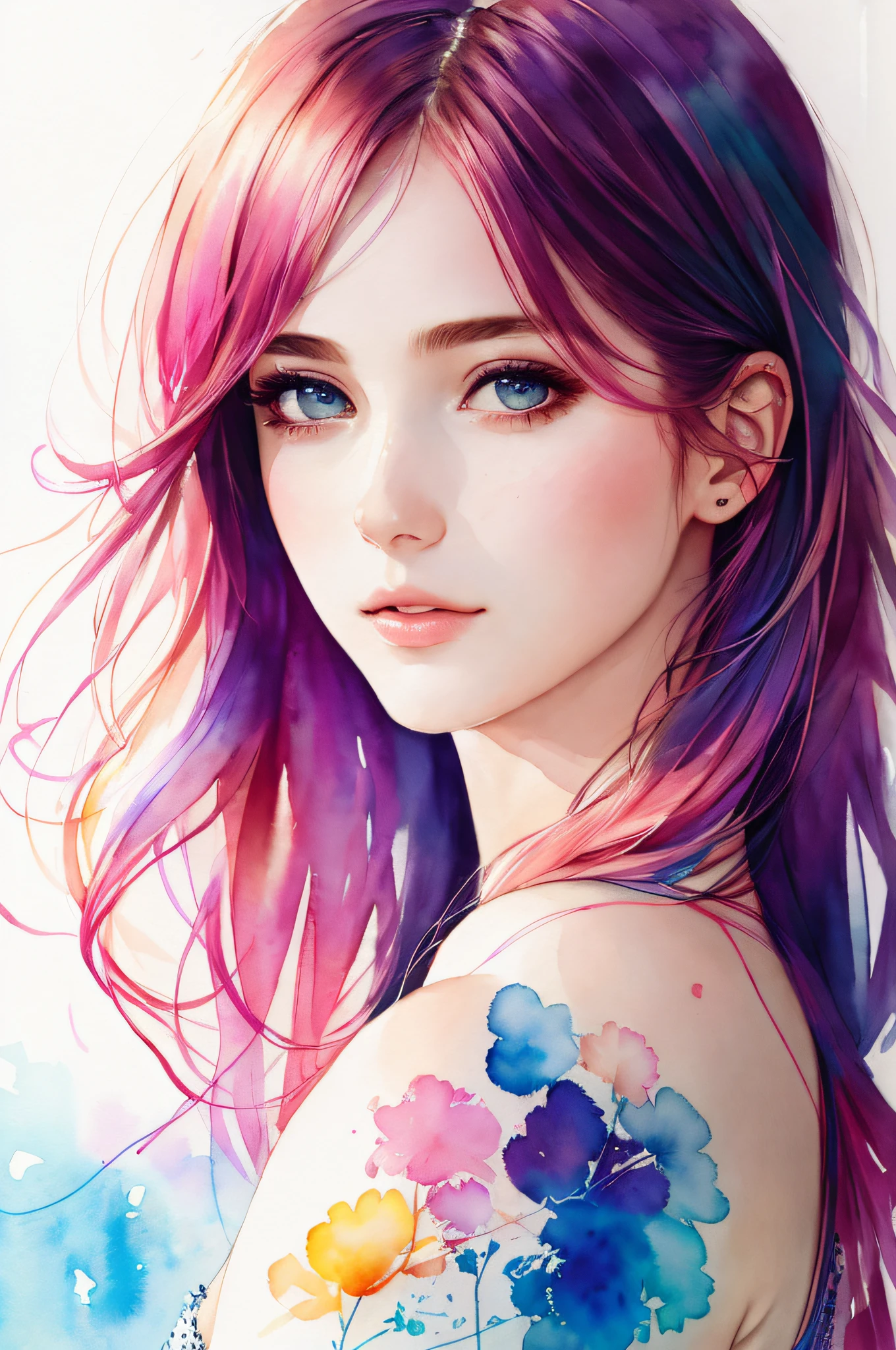 (8k, best quality, masterpiece:1.2),(best quality:1.0), (ultra highres:1.0), watercolor, a beautiful woman, shoulder, hair ribbons, by agnes cecile, half body portrait, extremely luminous bright design, pastel colors, (ink:1.3), autumn lights,