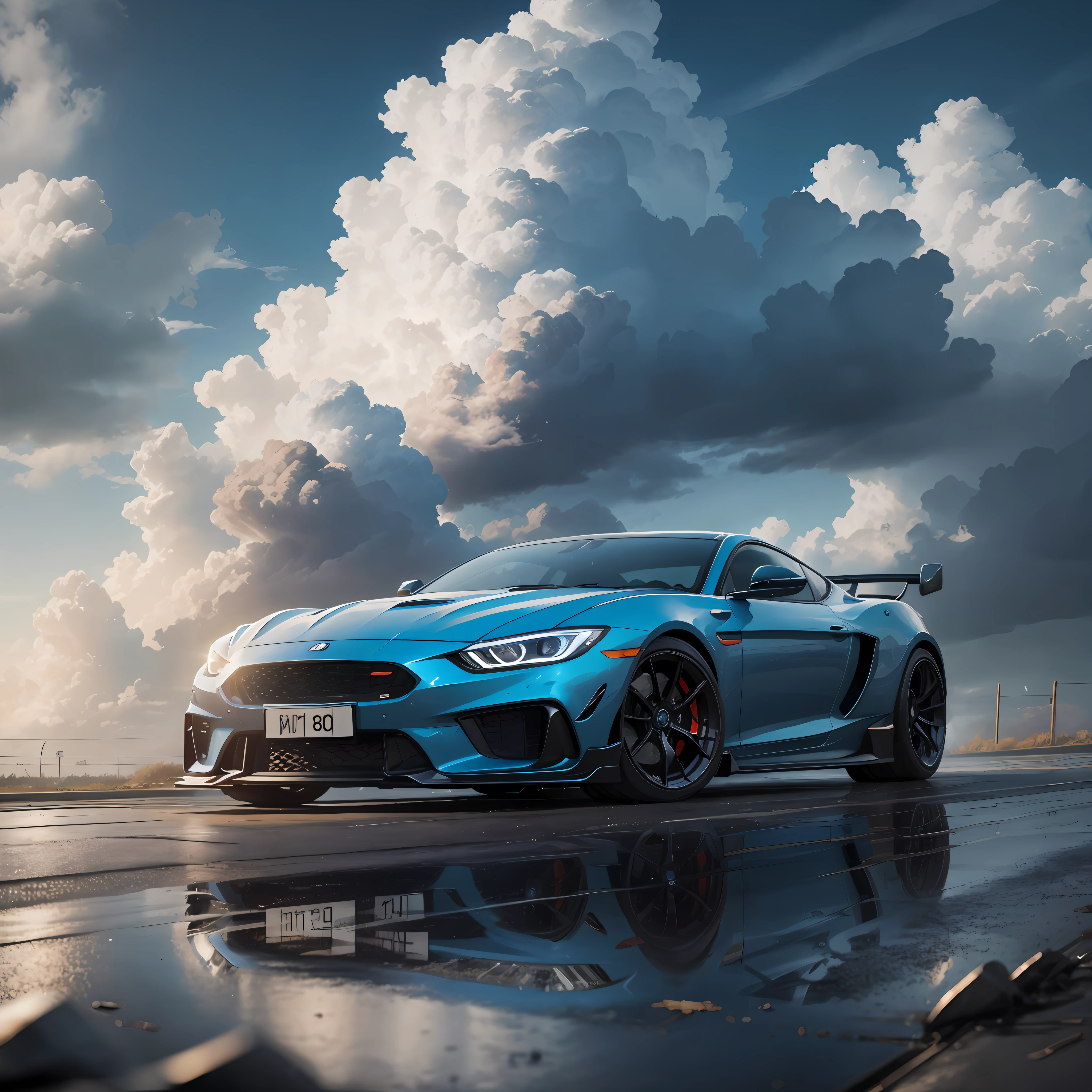 Masterpiece, best quality, official art, extremely detailed CG unity 8k wallpaper, illustration, day, in spring, cloudy, sky, beautiful detailed sky, light, official art, very detailed CG unity 8k wallpaper, illustration, day, in spring, cloudy, sky, beautiful detailed sky, light, 1car, (car:1), motor vehicle, ground vehicle, sports car blue car, skylineR34, vehicle focus, road, Need for speed, moving, wet, picture real, The body is strongly reflective, the contrast is enhanced, the picture is rich in detail, the body is transparent, the 3D modeling is ultra-realistic rendering, the perspective is strong, the sports car is lit, there are some splashes on the wheels, the main object is prominent,