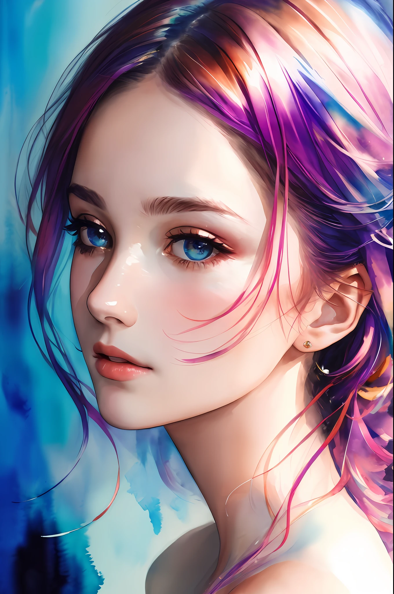 (8k, best quality, masterpiece:1.2),(best quality:1.0), (ultra highres:1.0), watercolor, a beautiful woman, shoulder, hair ribbons, by agnes cecile, half body portrait, extremely luminous bright design, pastel colors, (ink:1.3), autumn lights,