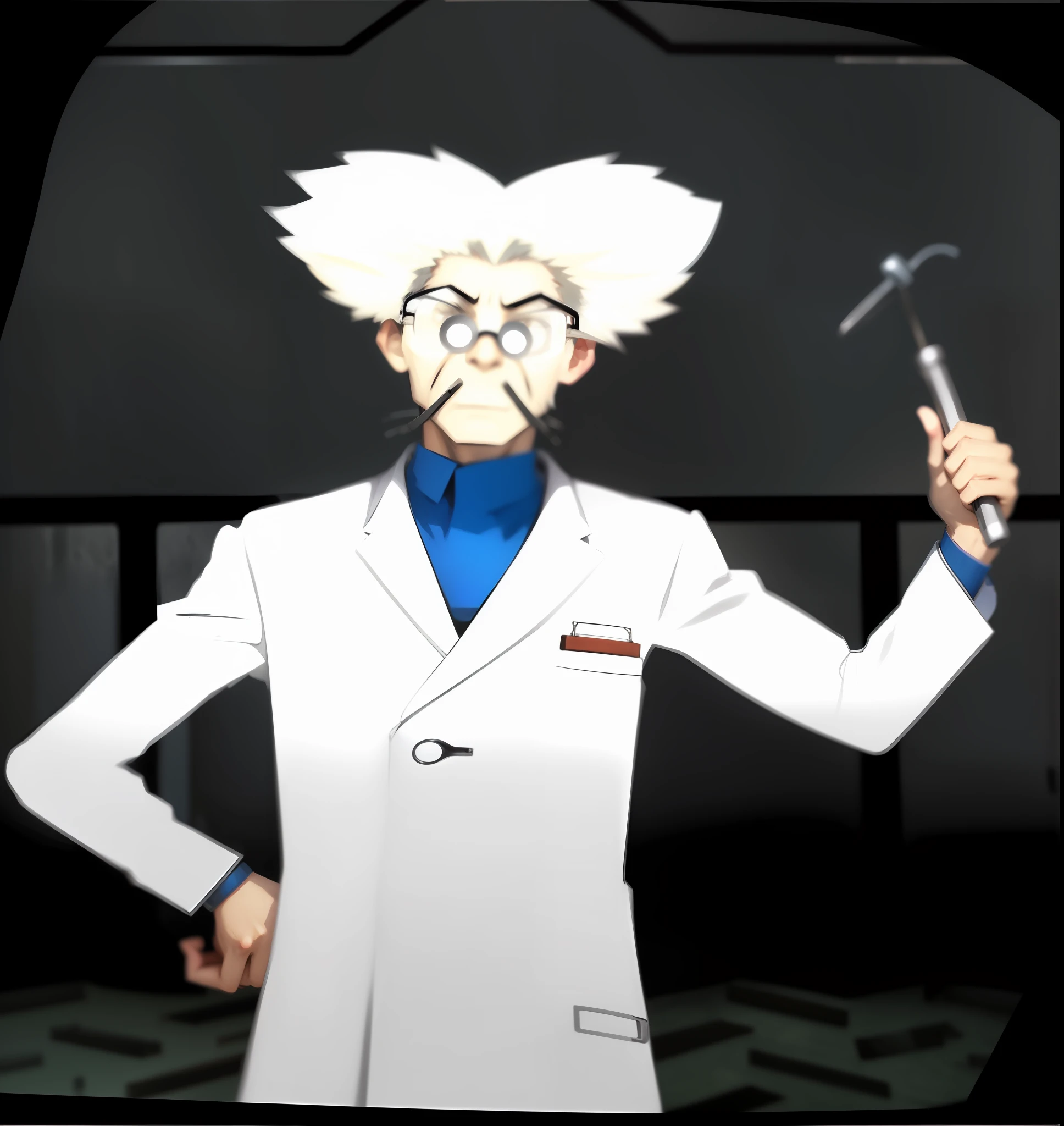 Mad scientist with hammer in hand, frameless glasses, thin whiskers --auto --s2