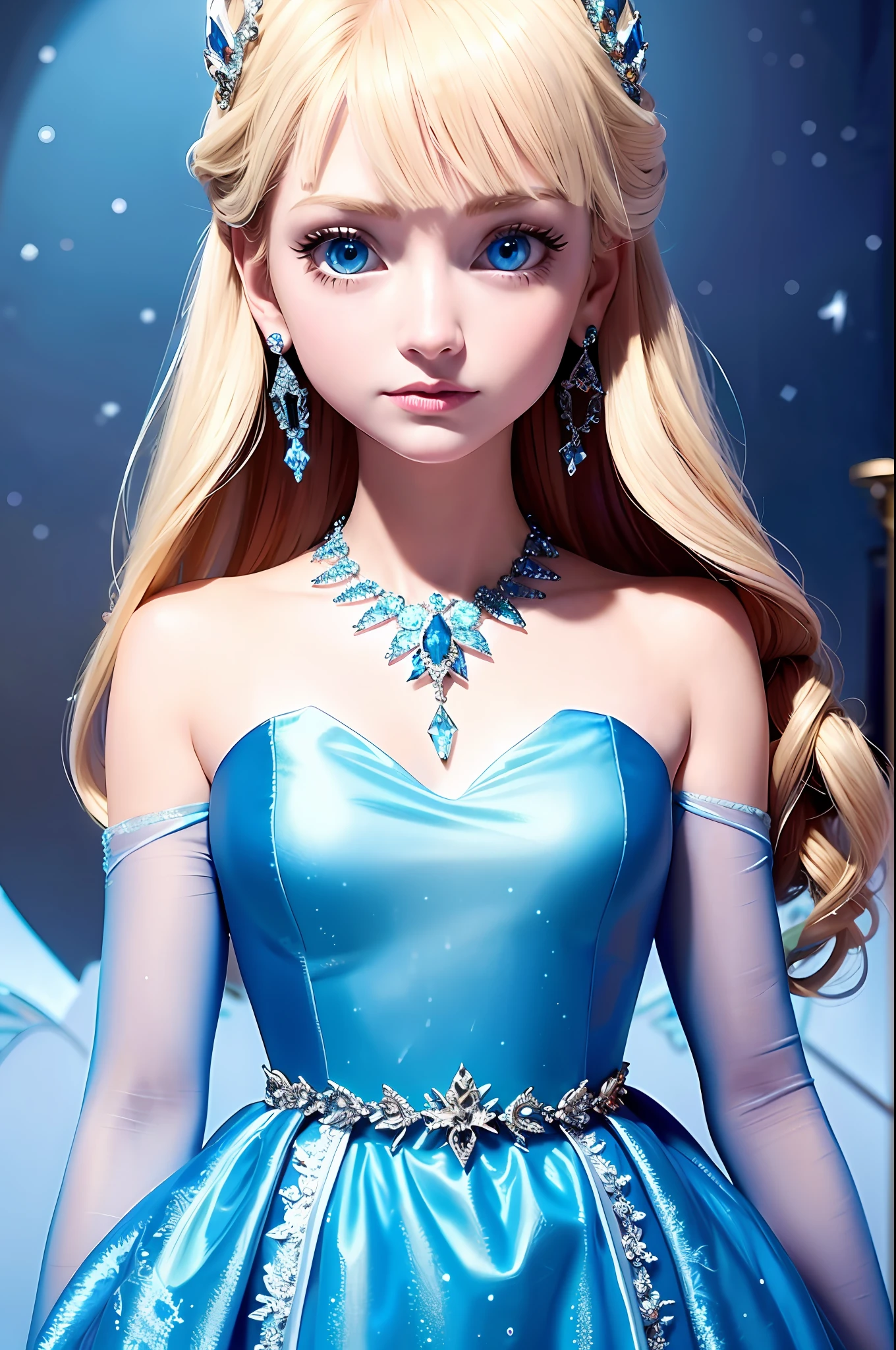 best quality, masterpiece, pixar, frozen, 1girl, intricate ice princess dress, detailed crown, beautiful face, detailed face, blue eyes, blonde hair, sharp look, necklace, earrings, symmetrical, front, dramatic, vibrant, sharp focus,disney