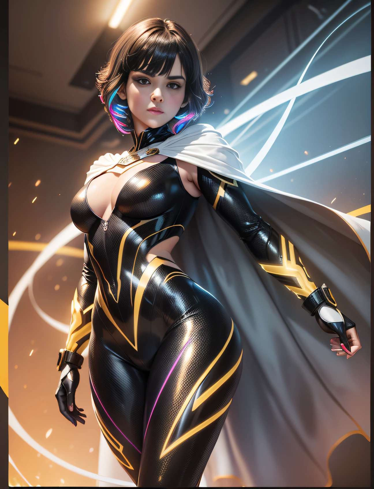 Full body ((frontal)), Hyperrealistic masterpiece brunette short hair braids ((with glowing colorful fringe)) Superheroine in detailed black & golden tight plugsuit ((with white cape)), cinematic illumination 8k