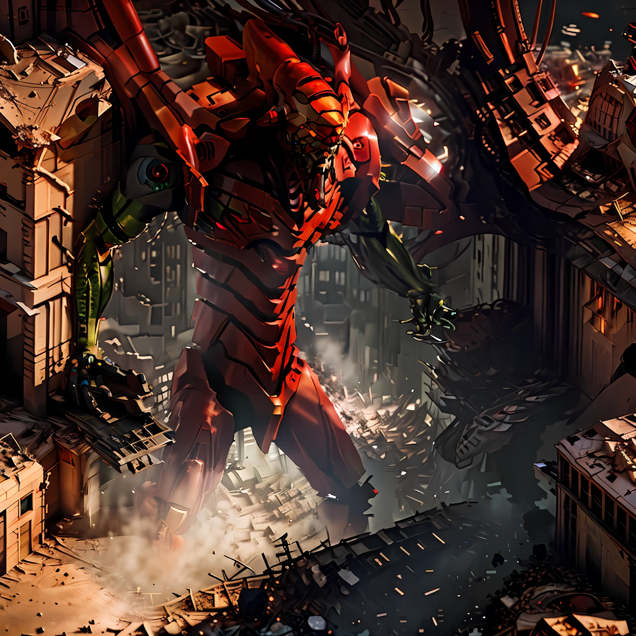 Giant red robot in a destroyed city