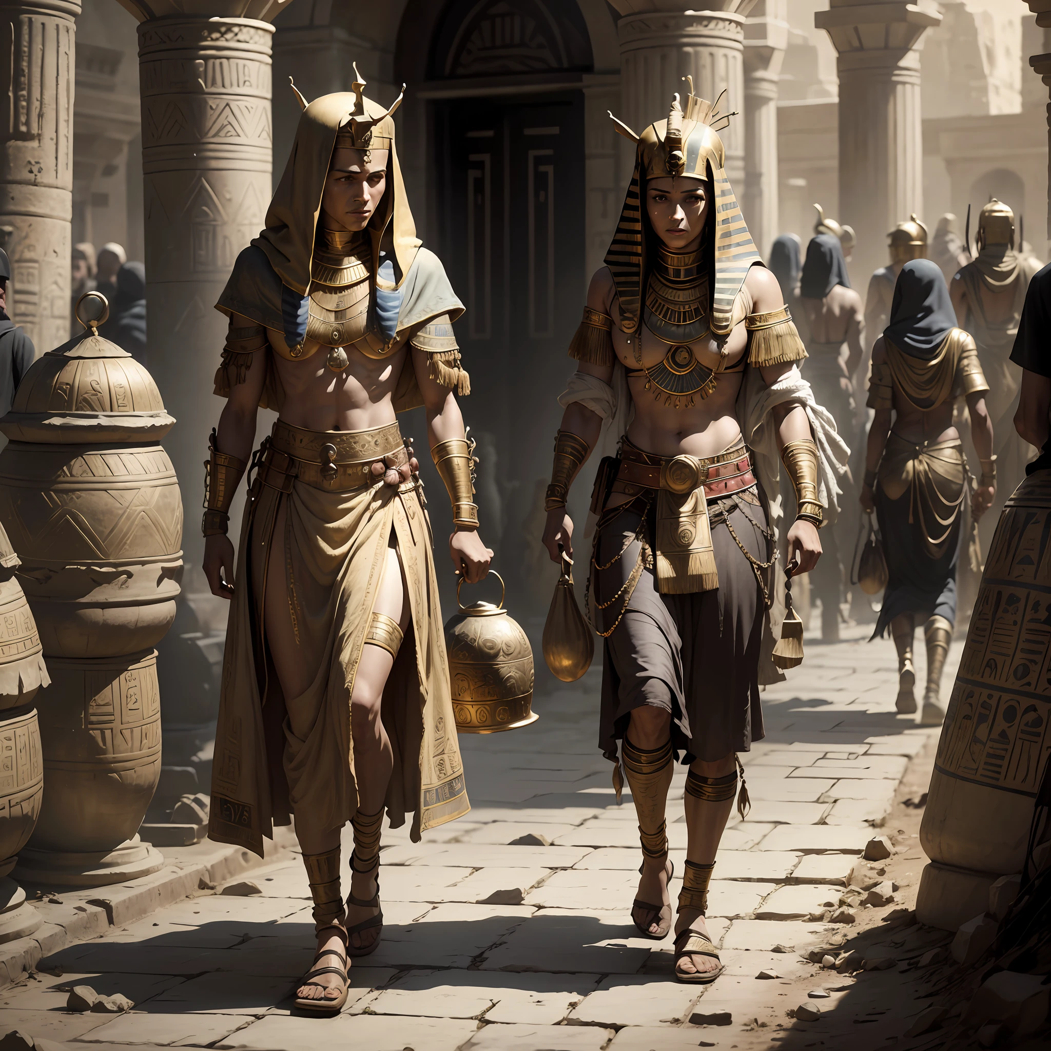 I want a photo that looks old from the time they found Tutankhamun's tumab looks like it from the same era, that archaeologists are leaving with things in hand carrying all the treasures from inside the tombs and that deep down there is a mummy walking behind them as if it were alive too and everyone walking quietly and the mummy has to be with the crown of Egyptian king but that has the appearance of a mummy old, and archaeologists are taking some pieces in hand, it has to be in black and white and look real the highest quality you get will be perfect has to be more or 8k 3d photorealistic --auto --s2