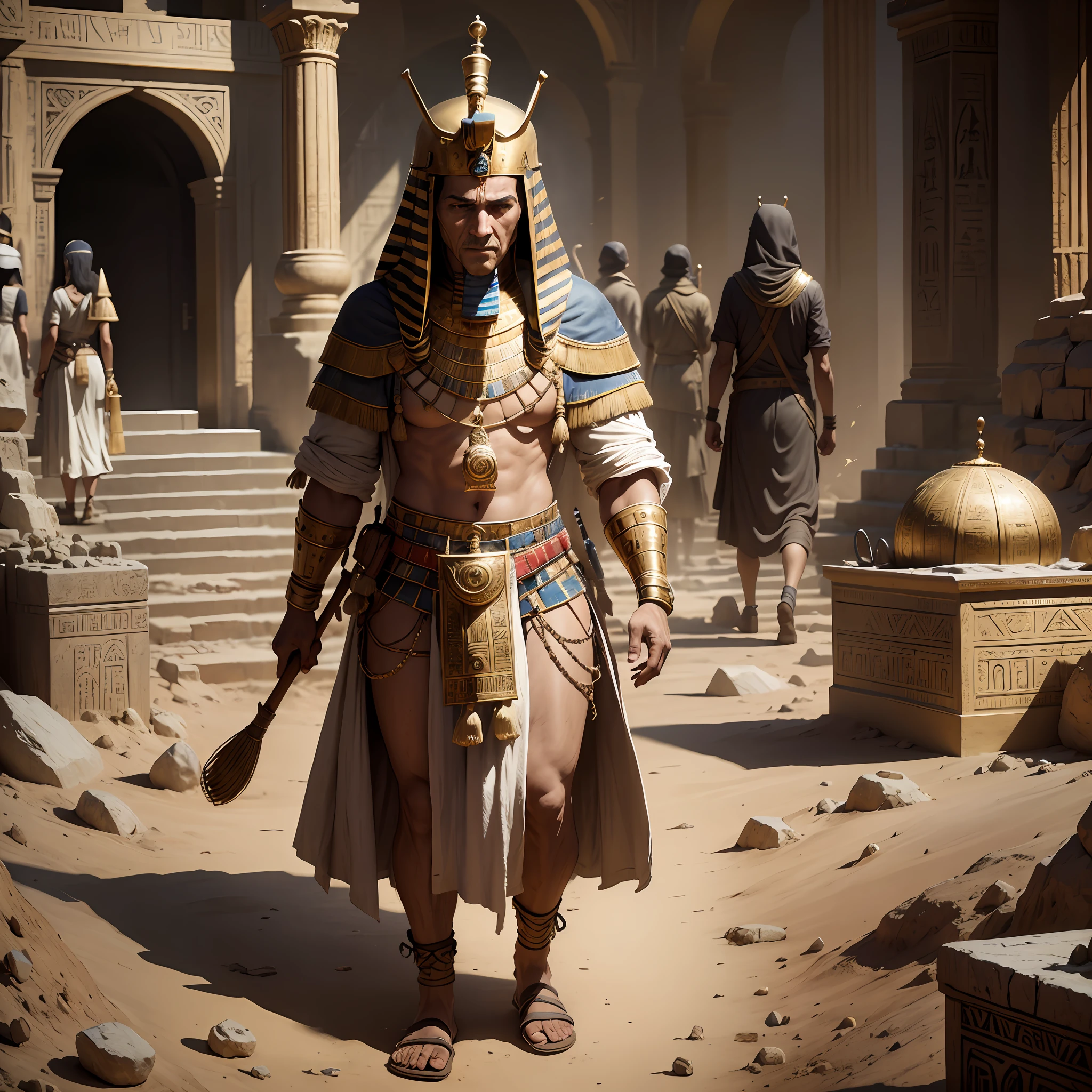 I want a photo that looks old from the time they found Tutankhamun's tumab looks like it from the same era, that archaeologists are leaving with things in hand carrying all the treasures from inside the tombs and that deep down there is a mummy walking behind them as if it were alive too and everyone walking quietly and the mummy has to be with the crown of Egyptian king but that has the appearance of a mummy old, and archaeologists are taking some pieces in hand, it has to be in black and white and look real the highest quality you get will be perfect has to be more or 8k 3d photorealistic --auto --s2