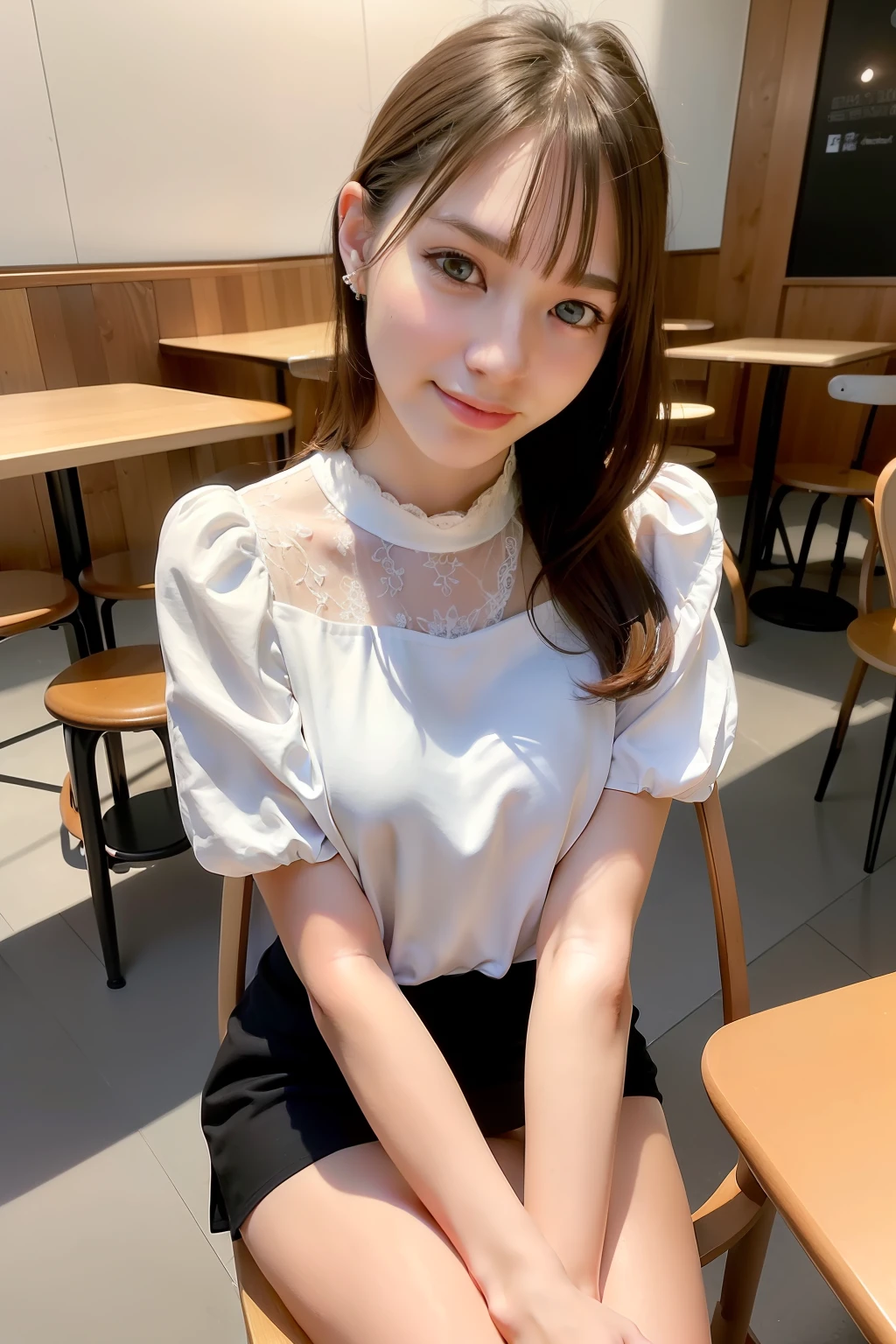 best quality, masterpiece, ultra high res, 8K, raw, (photo realistic:1.4), professional lighting, sharp focus, 1 girl, (detailed background:1.5), (at the cafe:1.3), full body, slender, (sit on a chair, crossed legs), cute, 24yo, smile, tiny breasts, detailed clothes, (embroidery dress, mock neck)