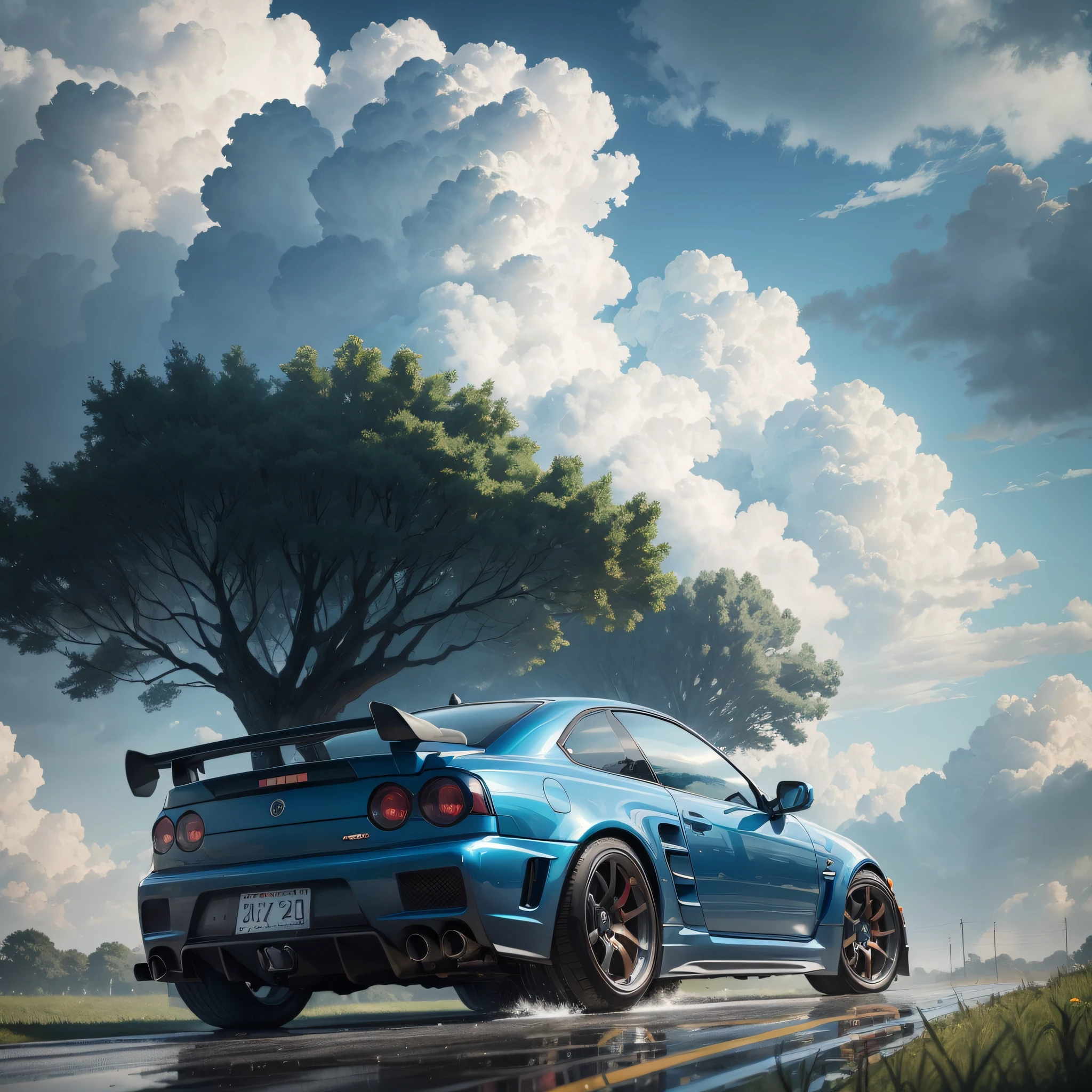 Masterpiece, best quality, official art, extremely detailed CG unity 8k wallpaper, illustration, day, in spring, cloudy, sky, beautiful detailed sky, light, official art, very detailed CG unity 8k wallpaper, illustration, day, in spring, cloudy, sky, beautiful detailed sky, light, 1car, (car:1), motor vehicle, ground vehicle, sports car blue car, skyline R34, vehicle focus, road, moving, wet, picture real, body reflective strongly, Contrast is strengthened, the picture is rich in detail, the body is transparent, the 3D modeling is ultra-realistic rendering, the perspective is strong, the sports car is lit, there are some splashes on the wheels, the main object is prominent,
